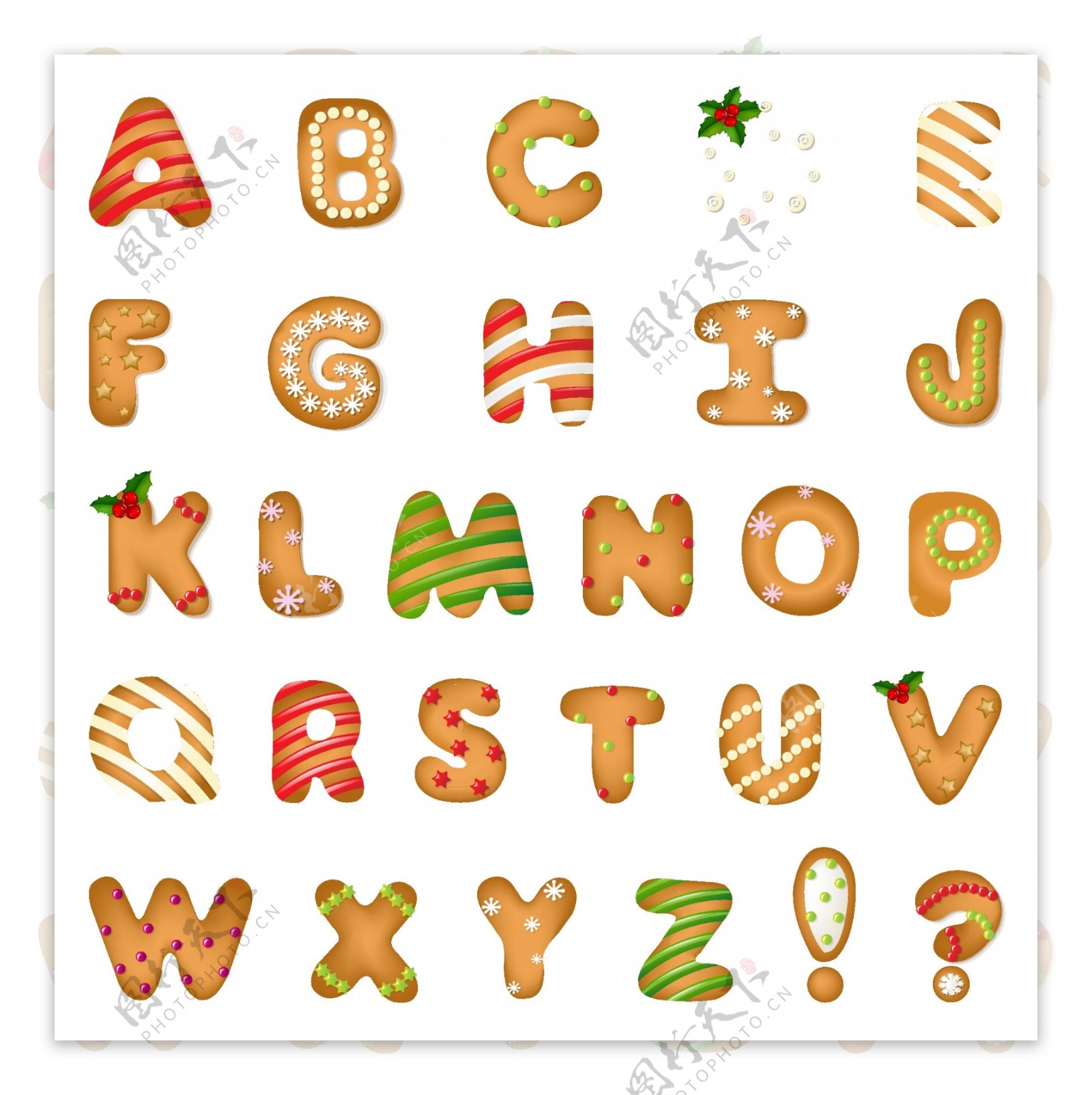 圣诞饼干字母和符号矢量图图片