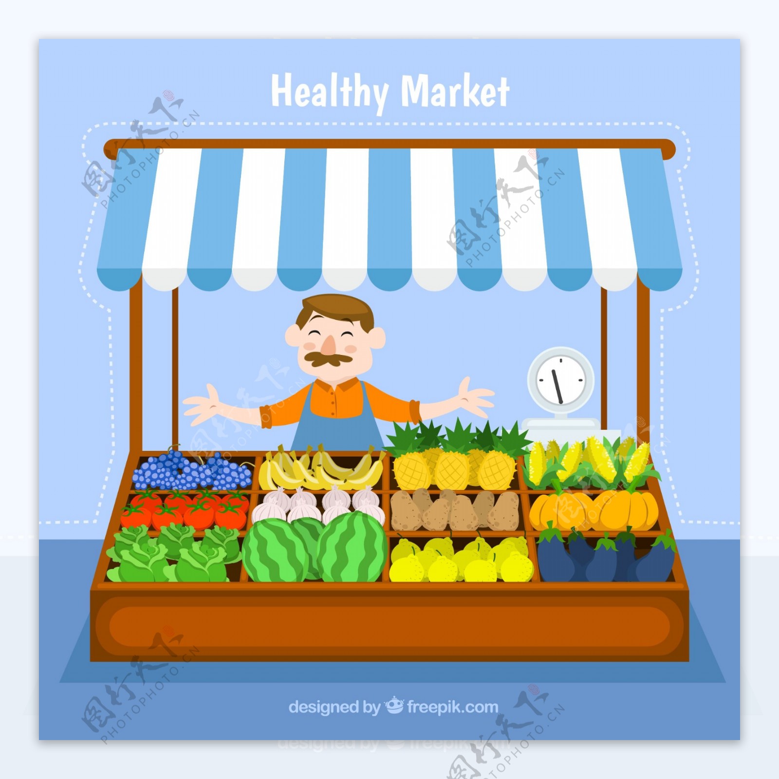 卖水果蔬菜的小摊矢量素材图片