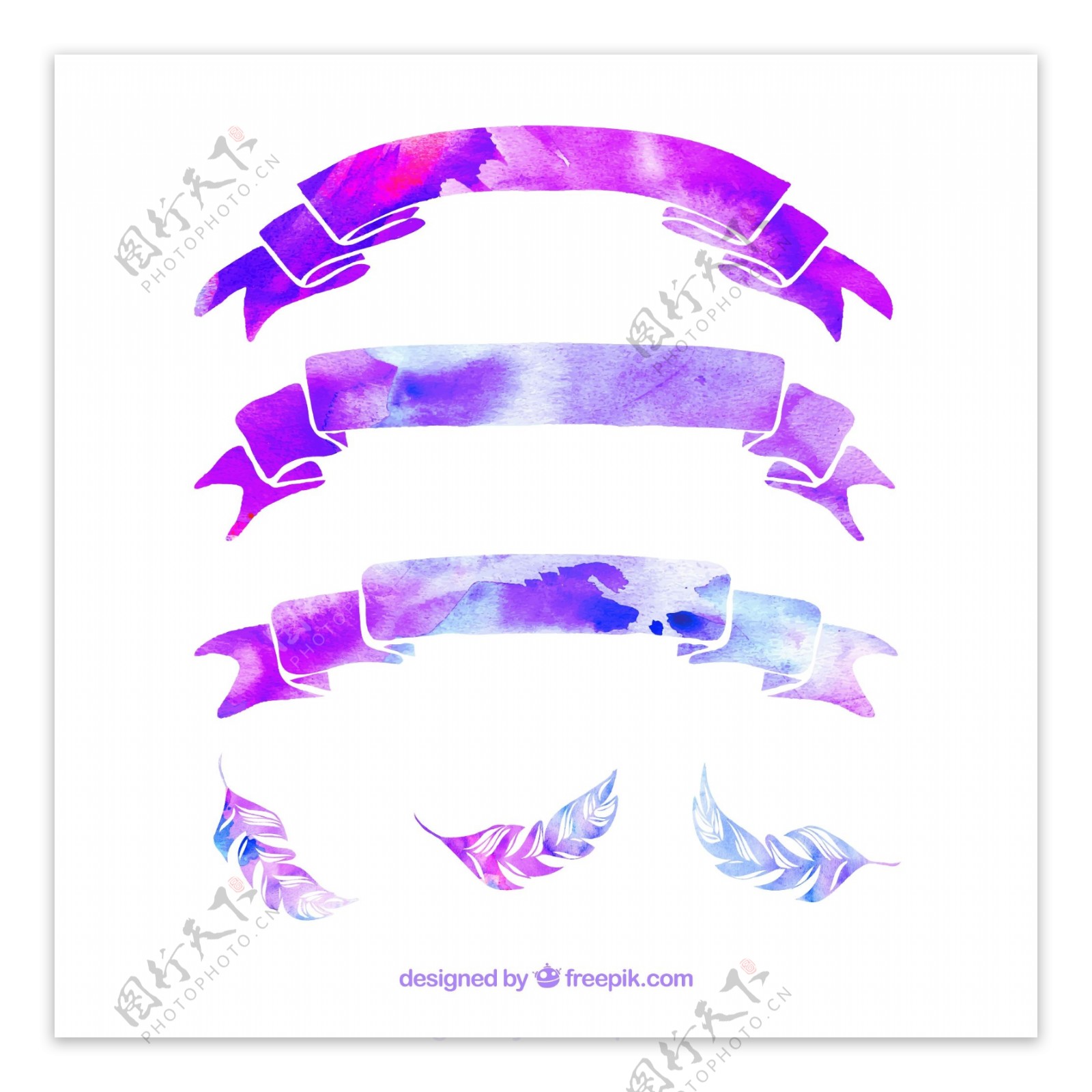 6款紫色丝带条幅和羽毛矢量素材