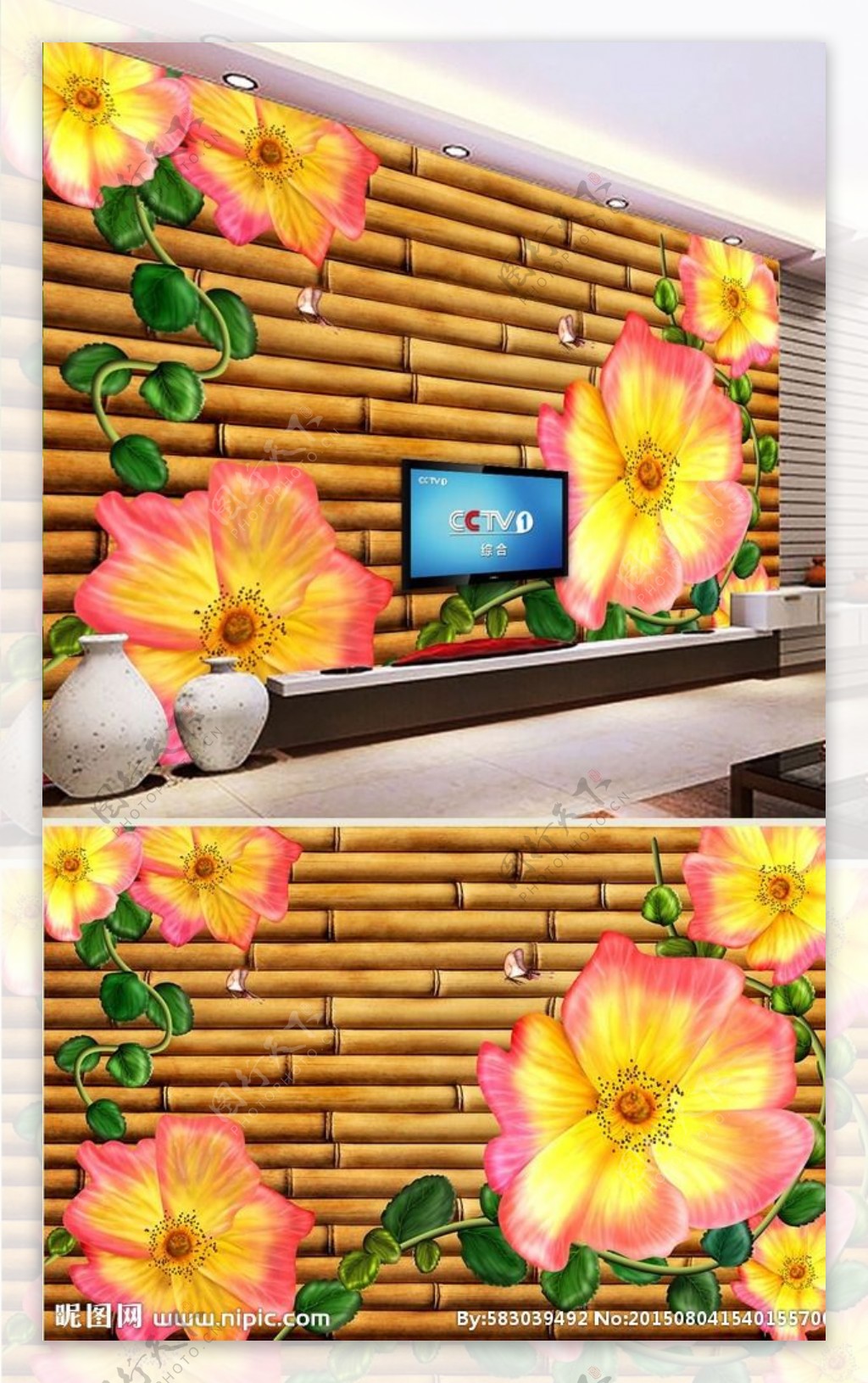 手绘花卉木材贴图背景墙