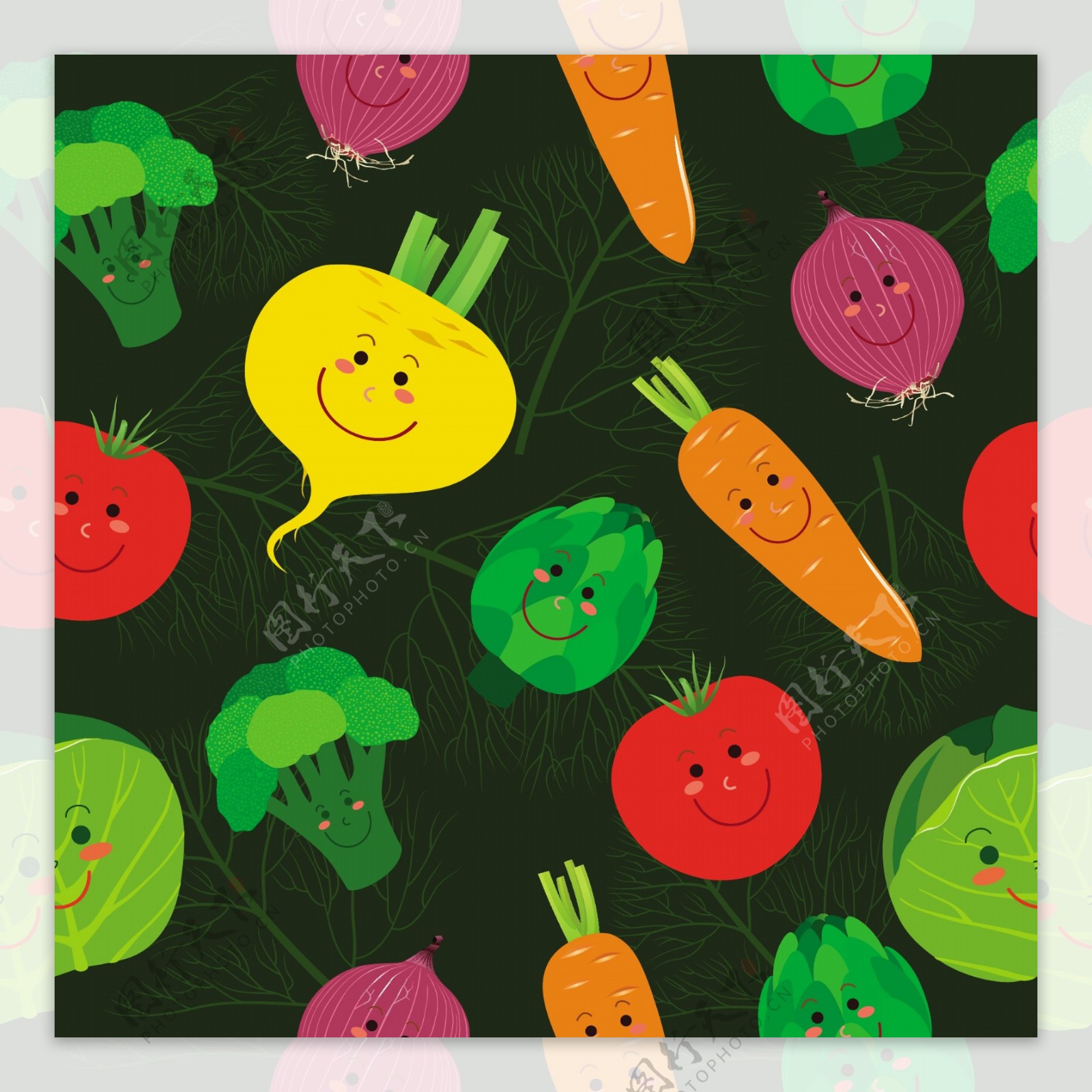 可爱有机绿色蔬菜矢量图