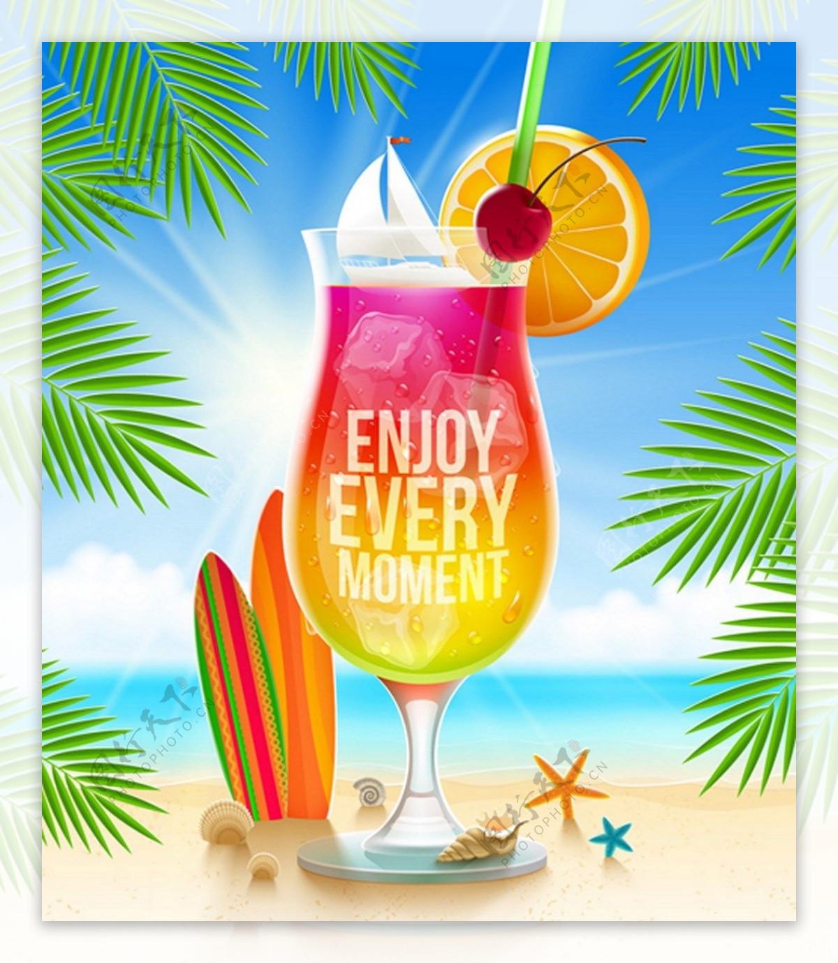 夏日暑假海滩橙子汁背景图