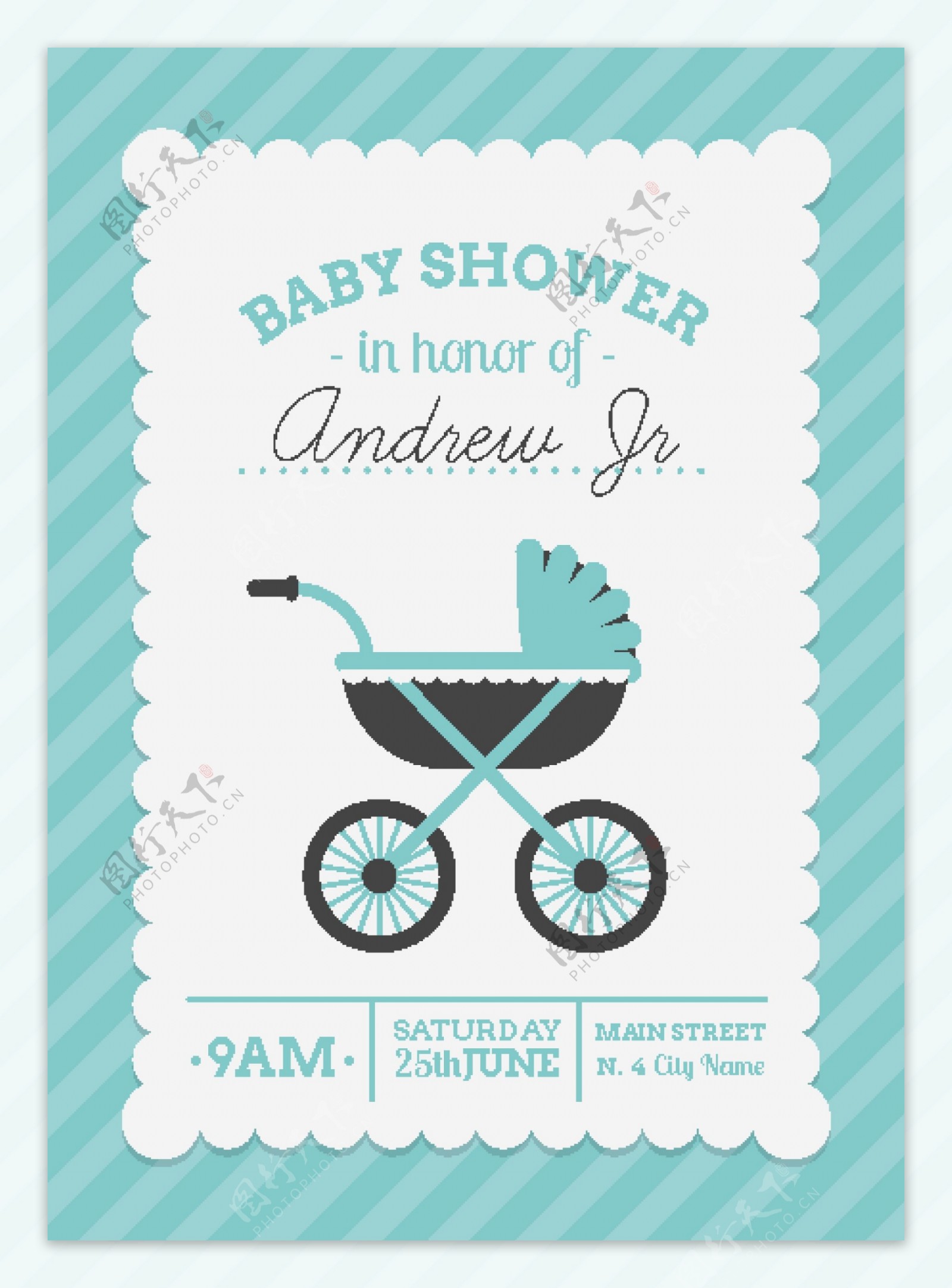 婴儿洗澡邀请与婴儿车
