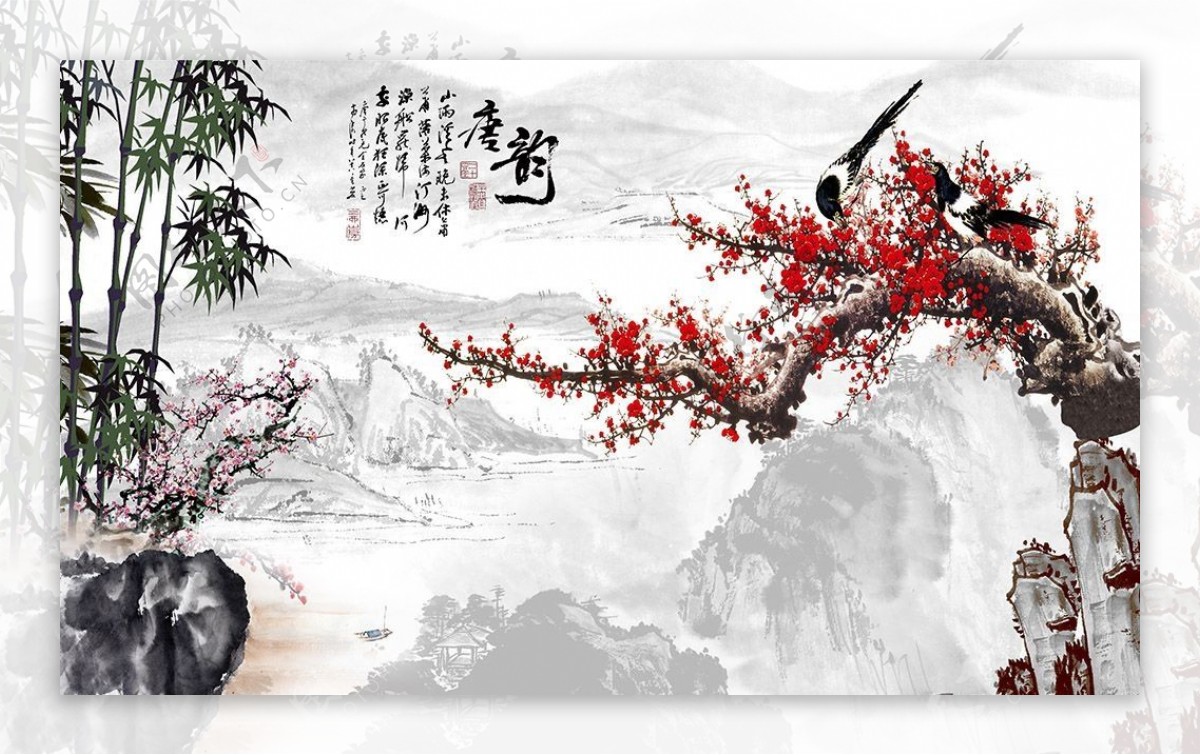 中国风山水画背景墙分层