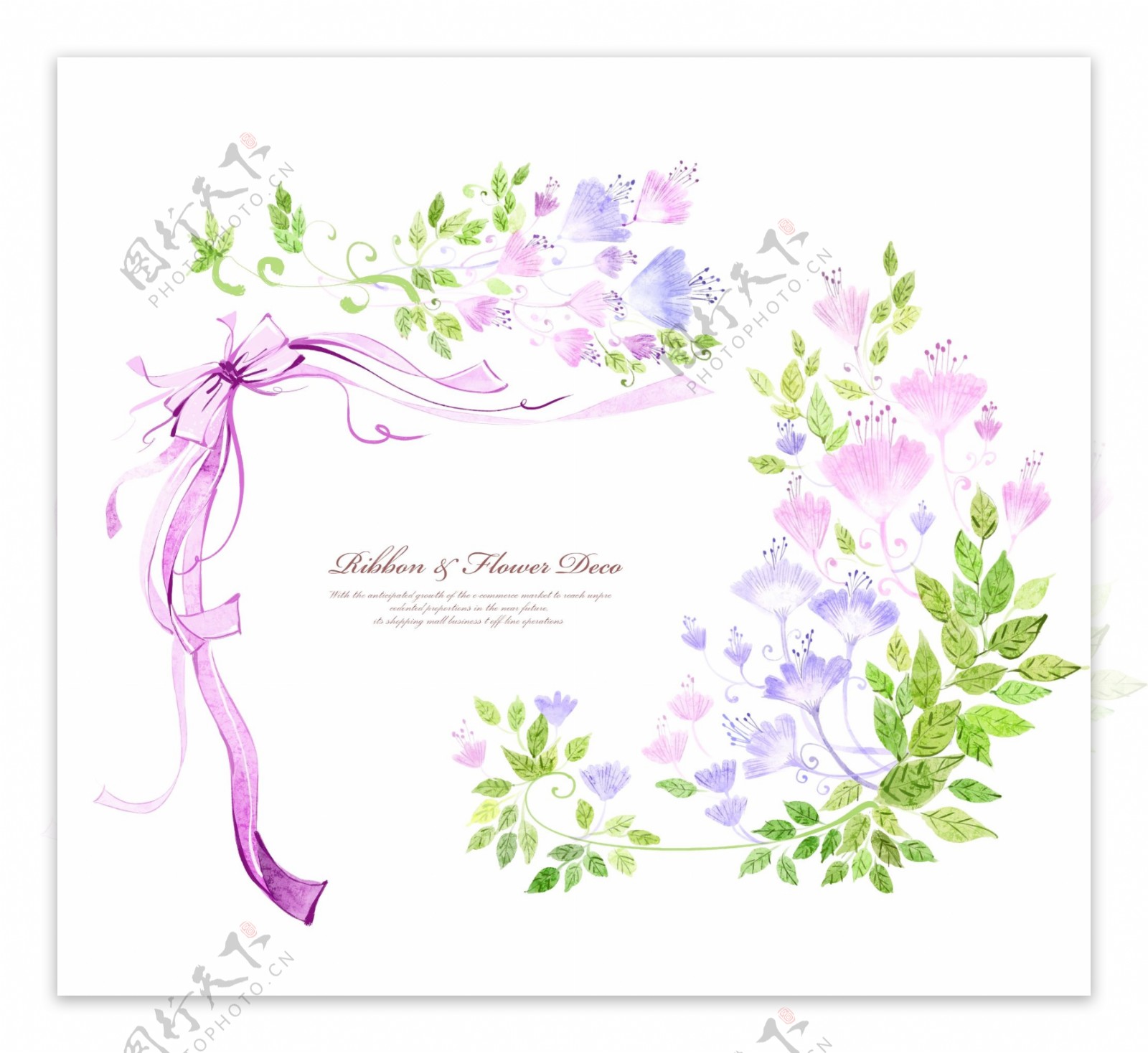 紫色蝴蝶结丝带与花朵PSD分层素材