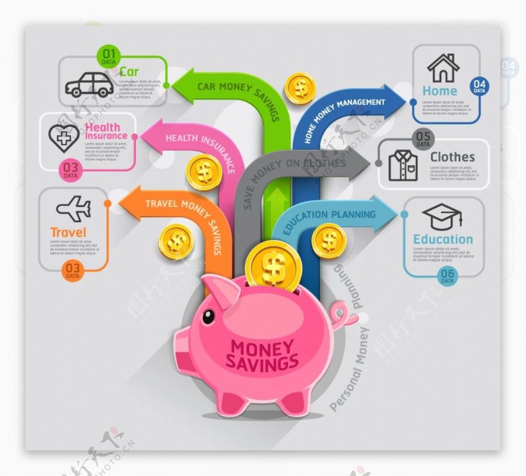 粉色猪储蓄罐商务信息图矢量素材