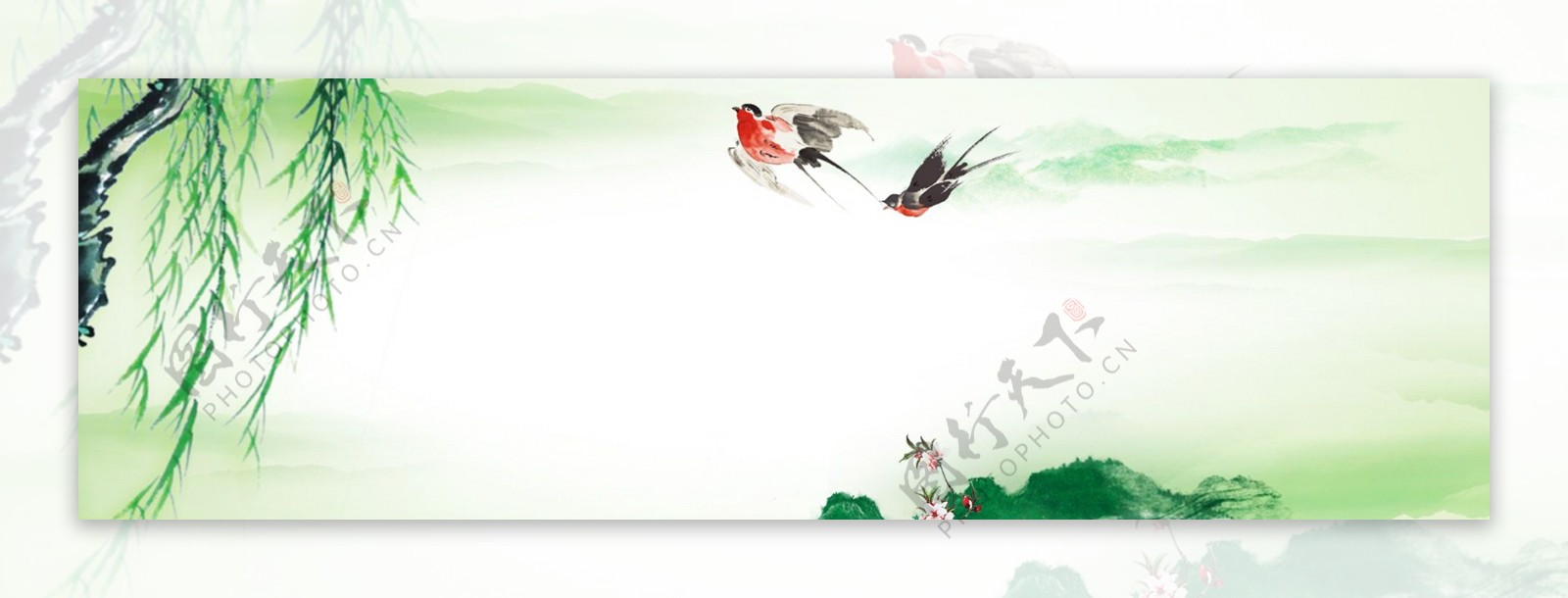 春天绿色柳树燕子背景图
