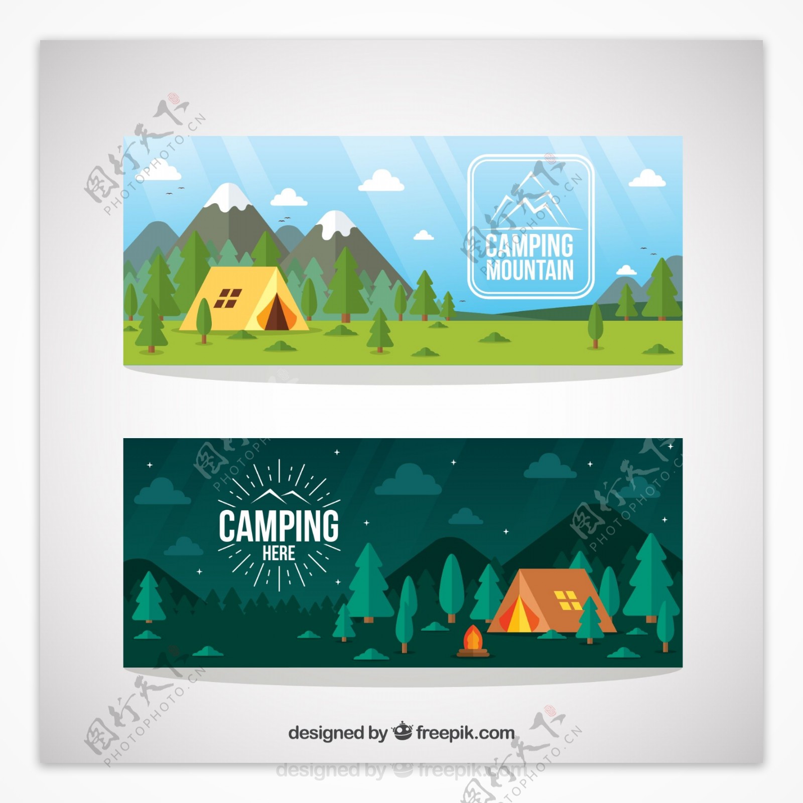 2款郊外野营帐篷风景banner矢量图