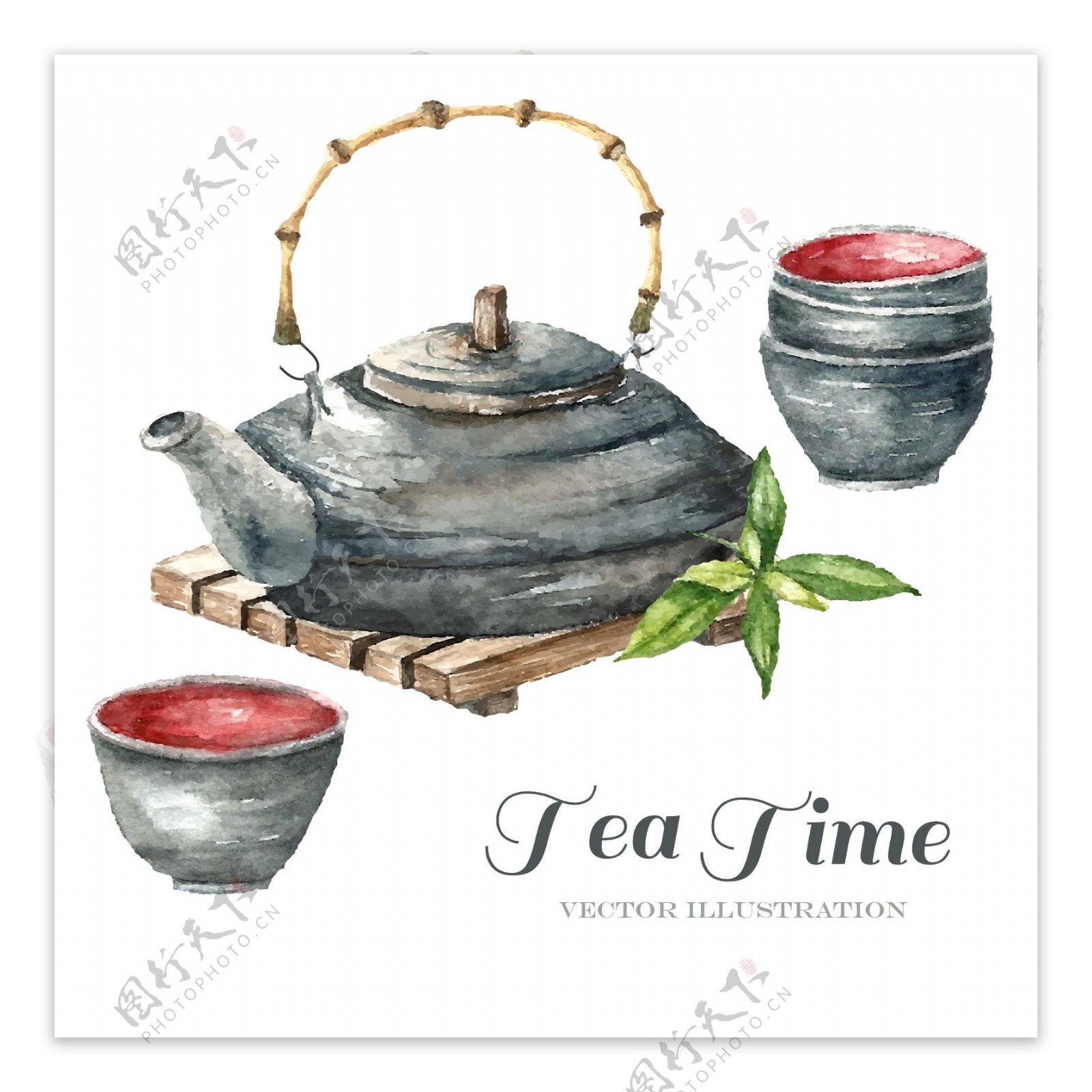 水彩绘茶壶和茶杯矢量素材
