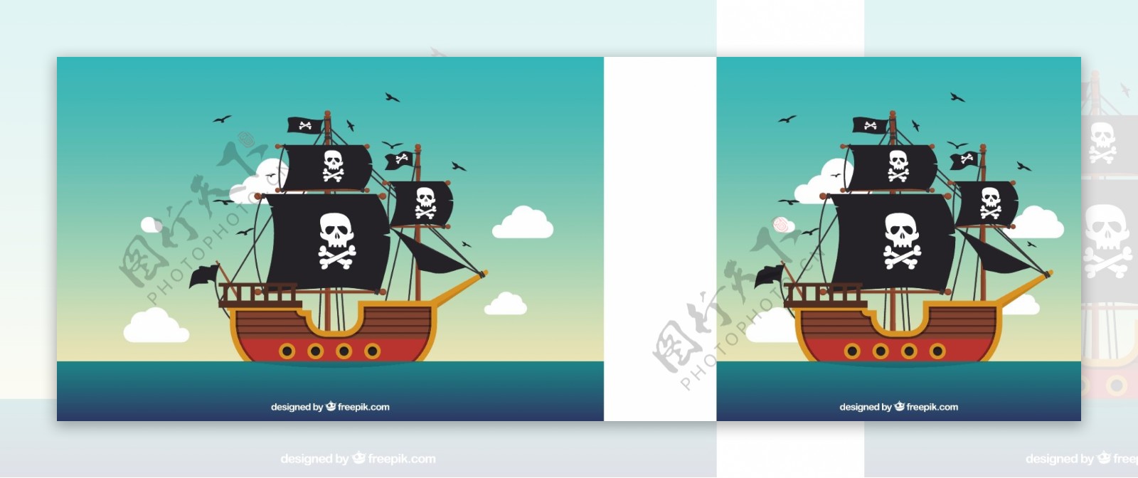 海盗船骷髅旗蓝天白云大海背景