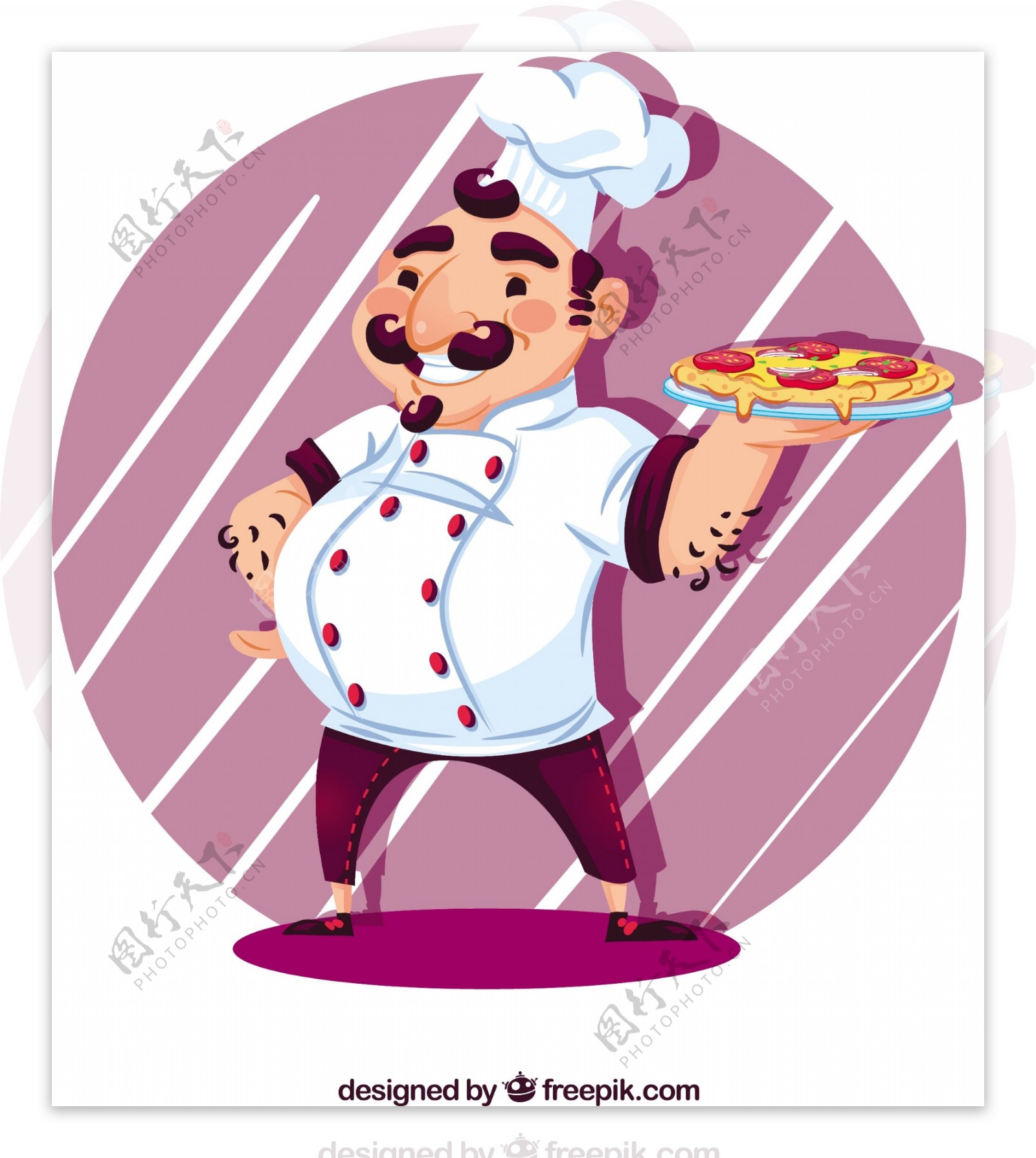 意大利厨师与比萨饼紫色圆形背景