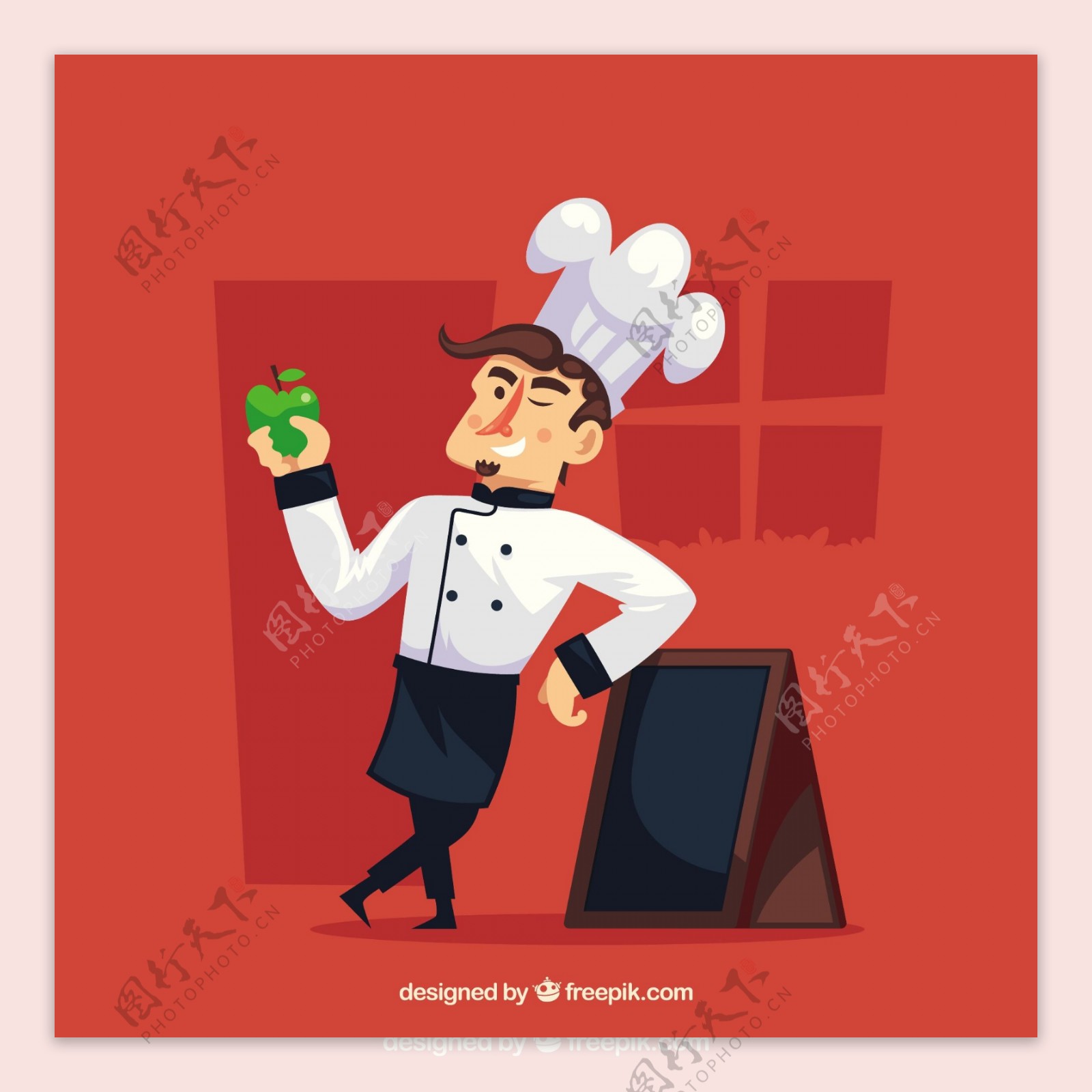 拿着苹果靠着黑板的厨师人物插图红色背景