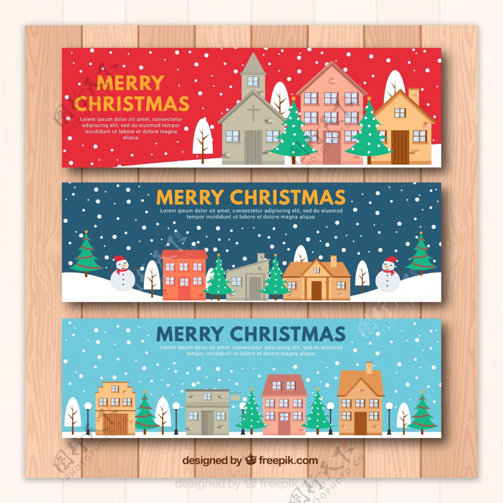 3款雪中的圣诞小城banner矢量素材