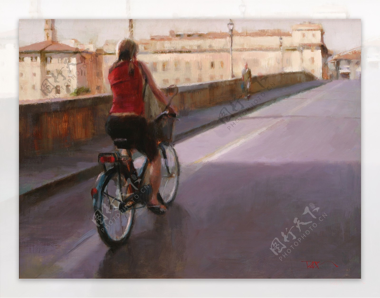 骑自行车的美女油画图片