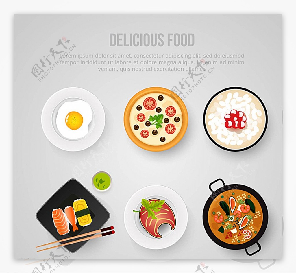 6款美味食物俯视图矢量素材图片