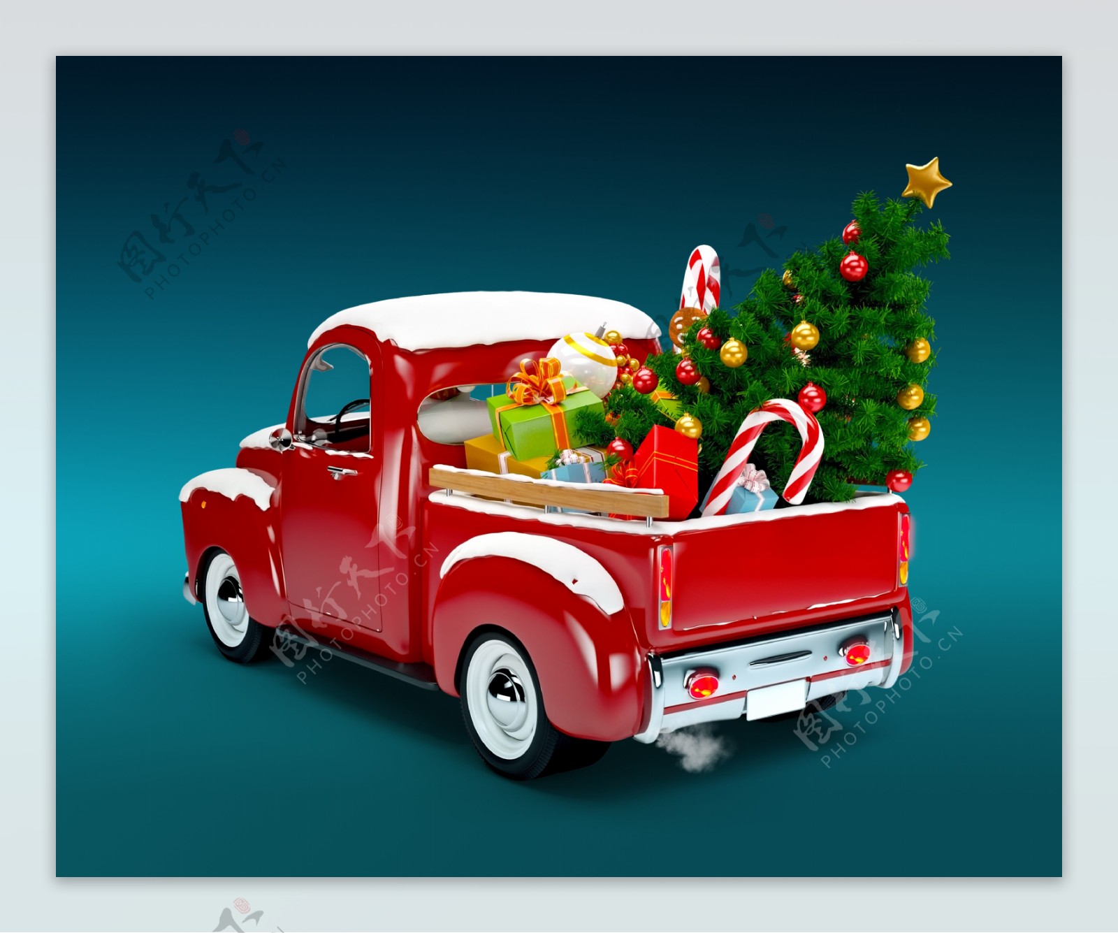 载满圣诞物品的红色汽车图片