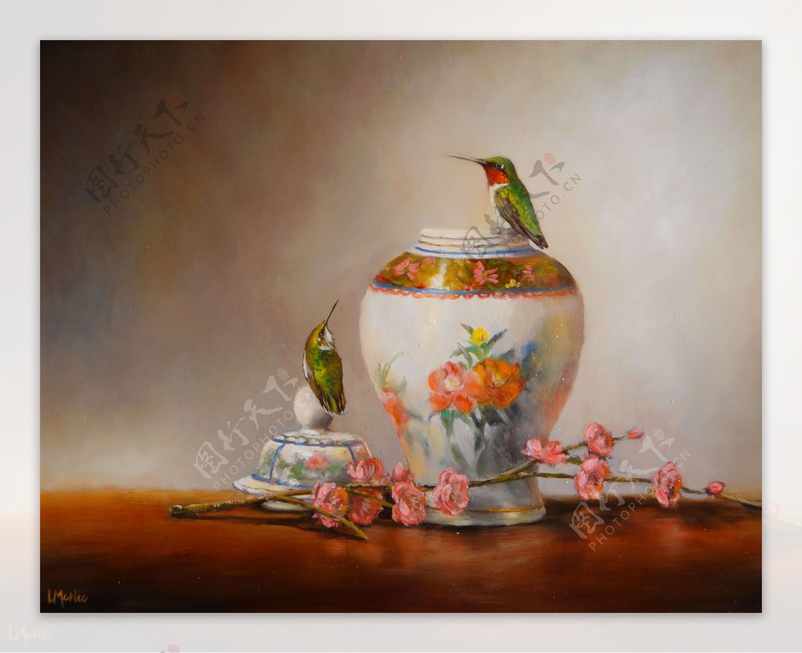 蜂鸟与花瓶静物油画图片