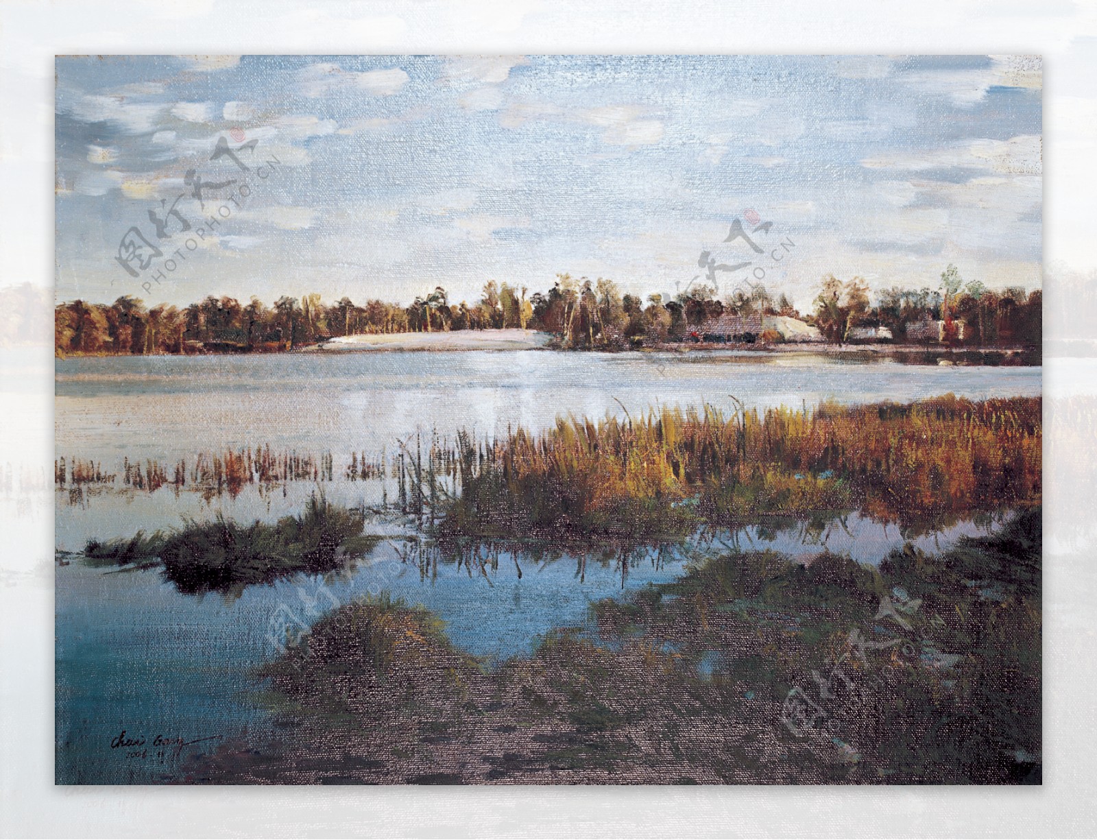 池塘边油画图片