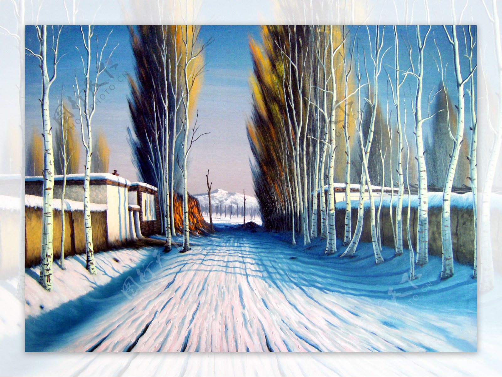 油画公路雪景图片