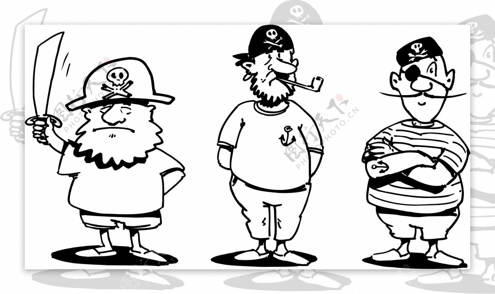 黑白海盗矢量人物卡通插画勾线图