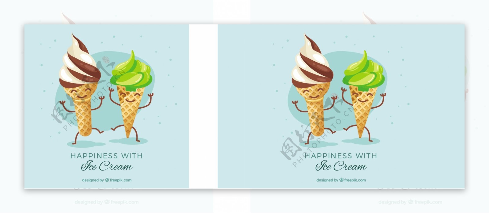 两个可爱的冰淇淋卡通人物蓝色背景