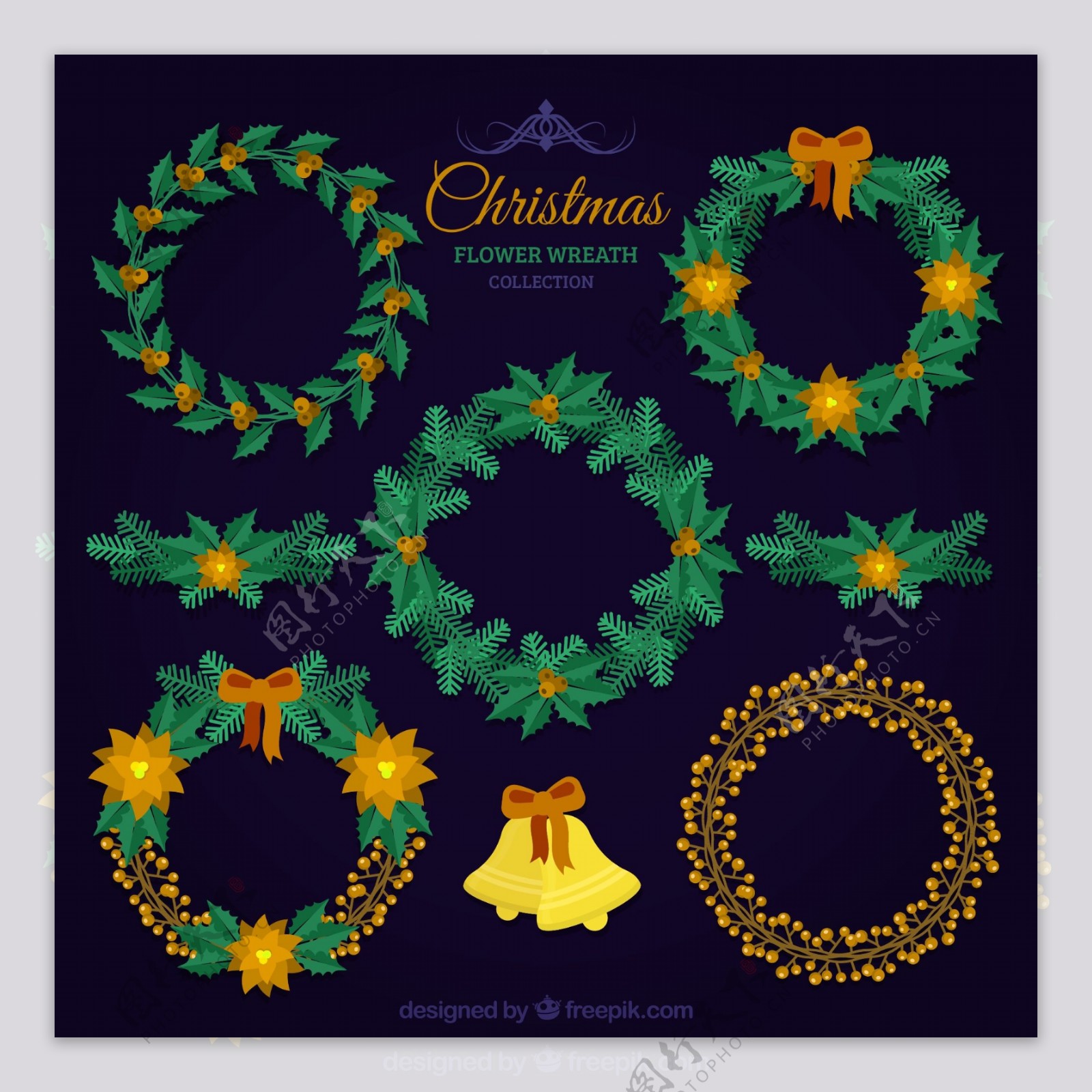 优雅的圣诞花环与金色的细节