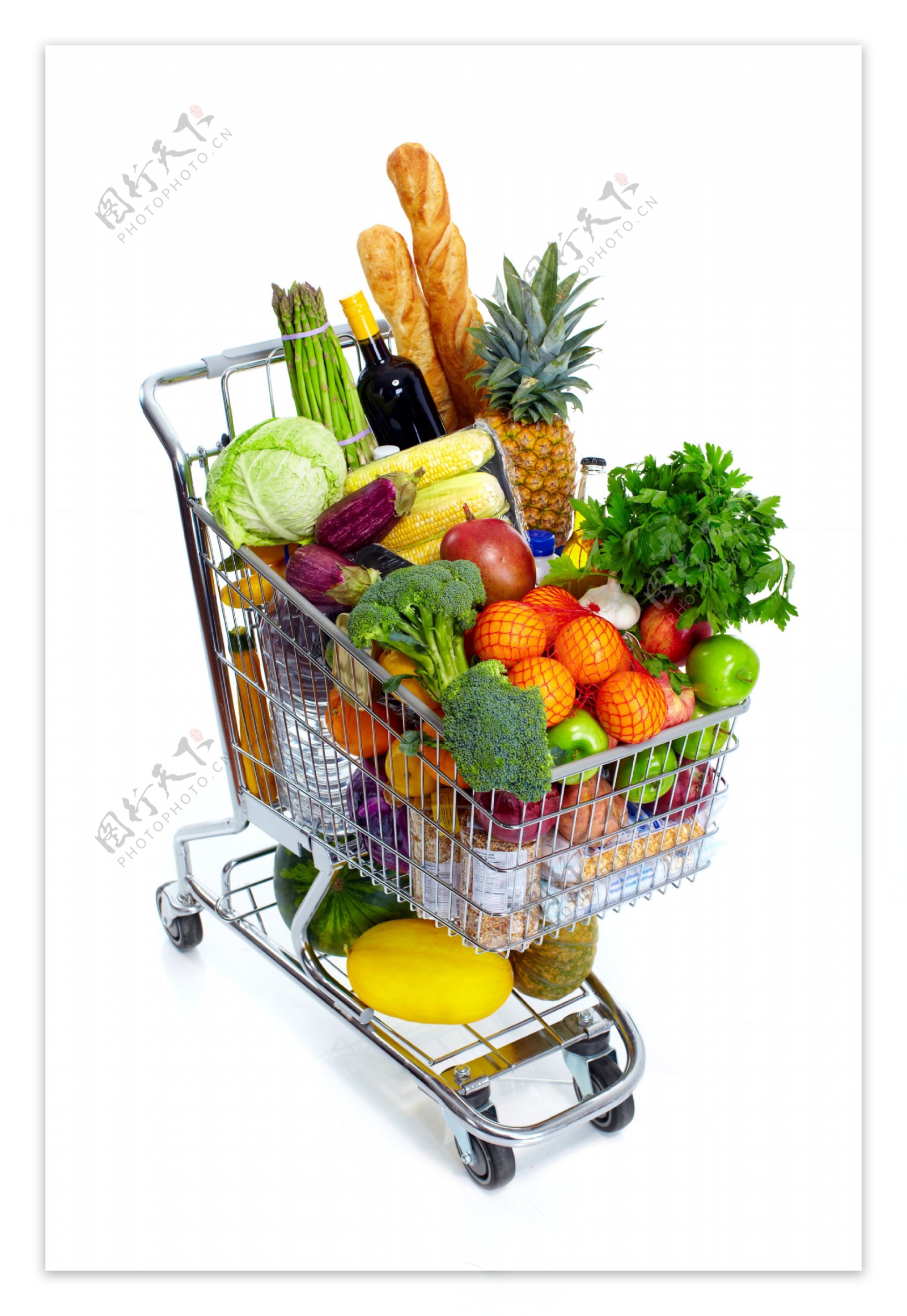 购物车里的水果蔬菜摄影图片