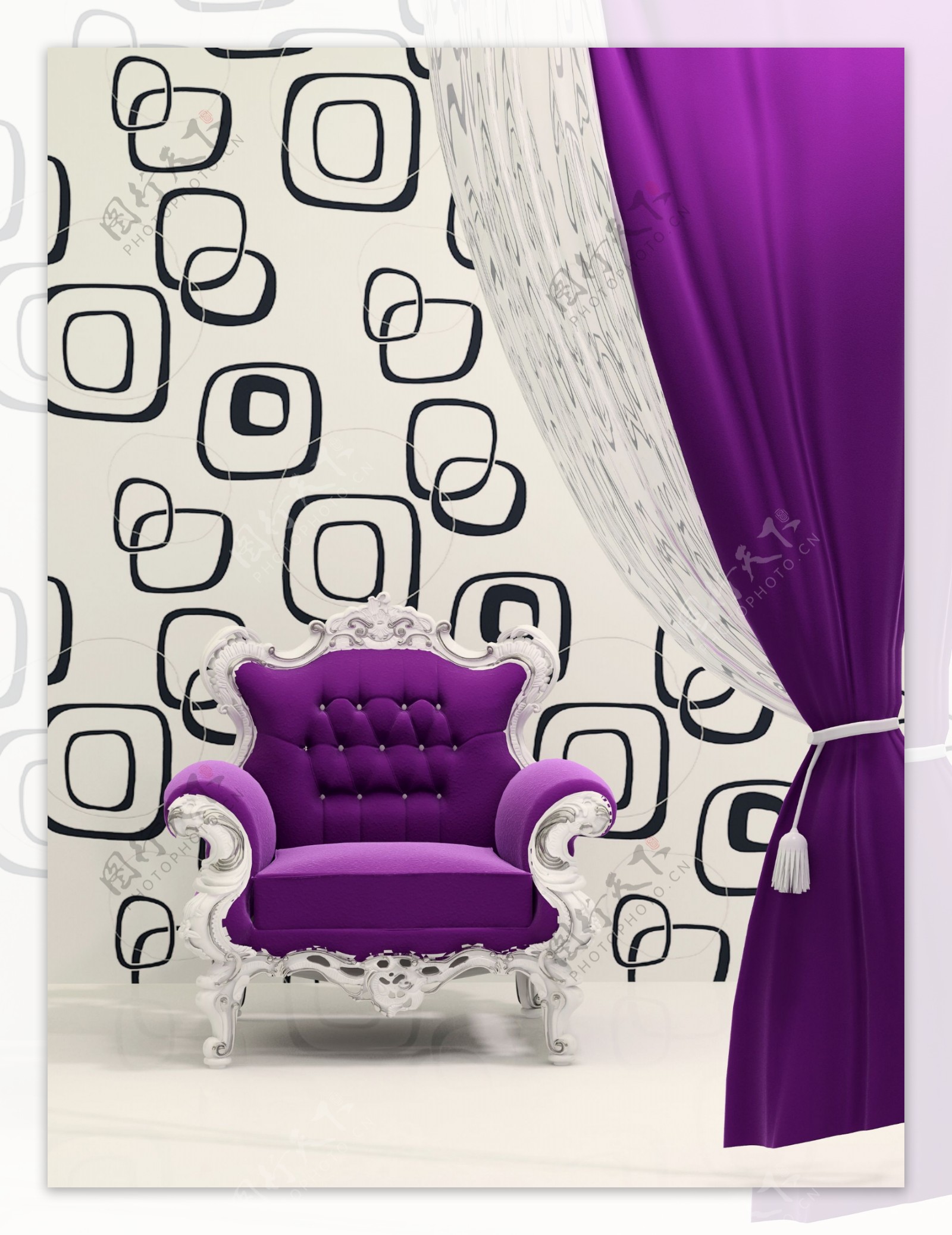紫色沙发和紫色幕布图片