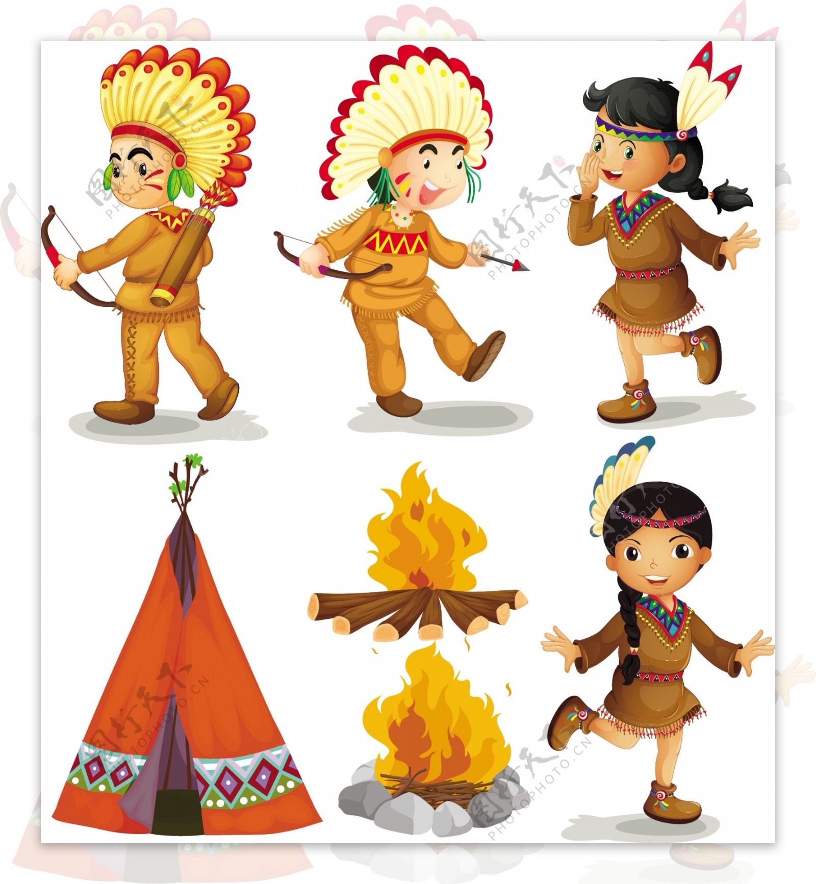 美国印第安人不同姿势的插图