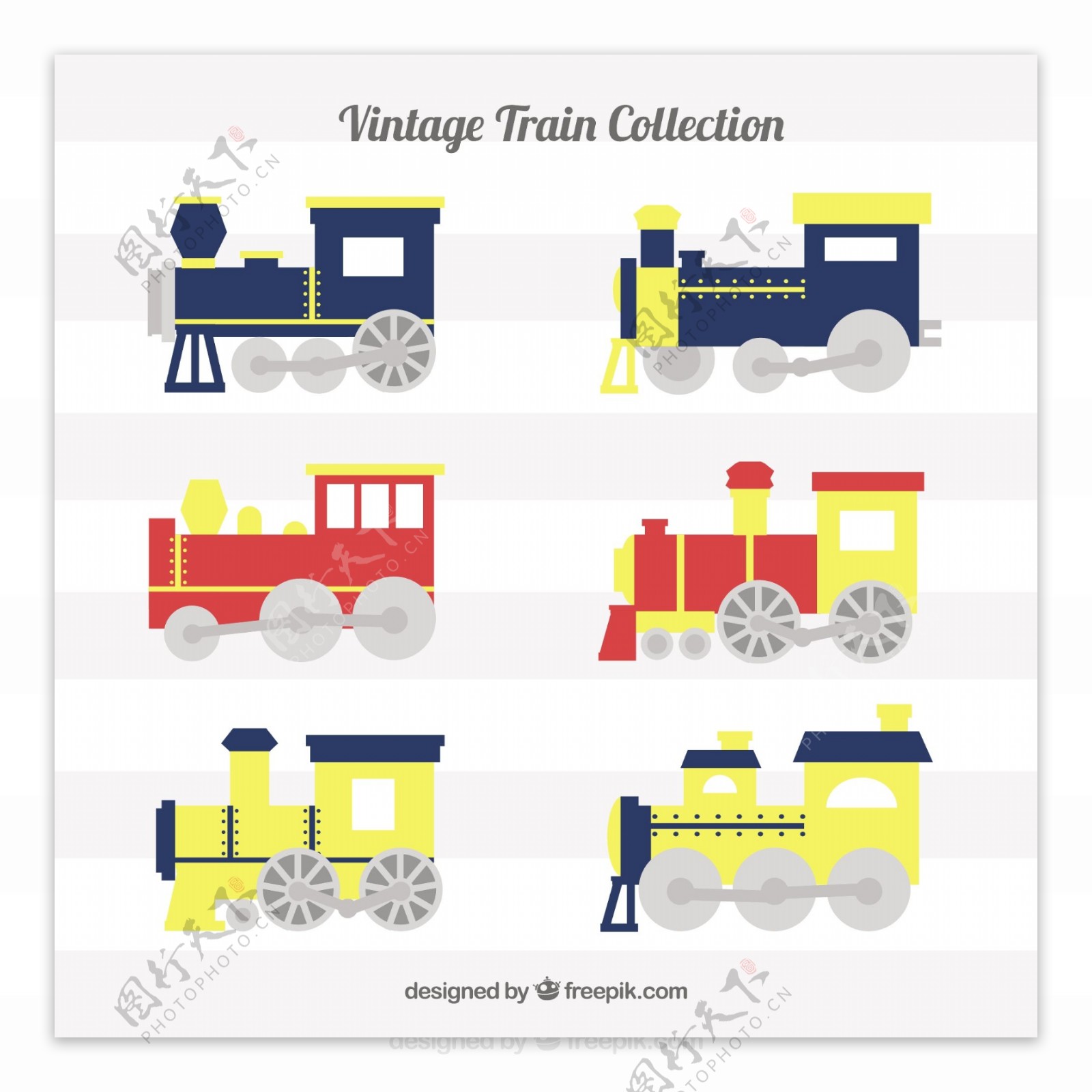 手绘扁平风格红黄蓝色火车头图标矢量素材
