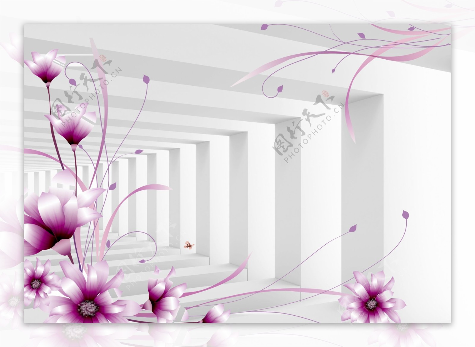 现代唯美3D走廊拓展空间隧道紫色花纹背景