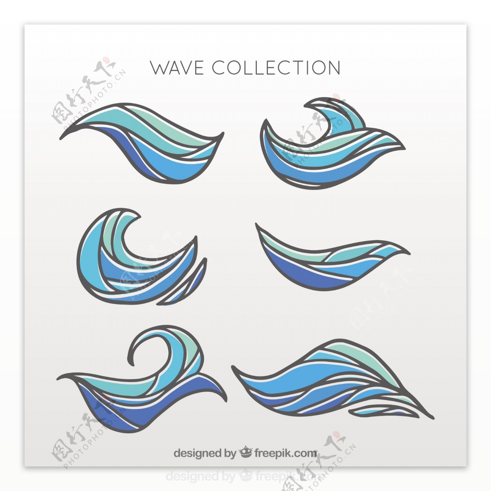 手绘各种抽象风格蓝色波浪纹