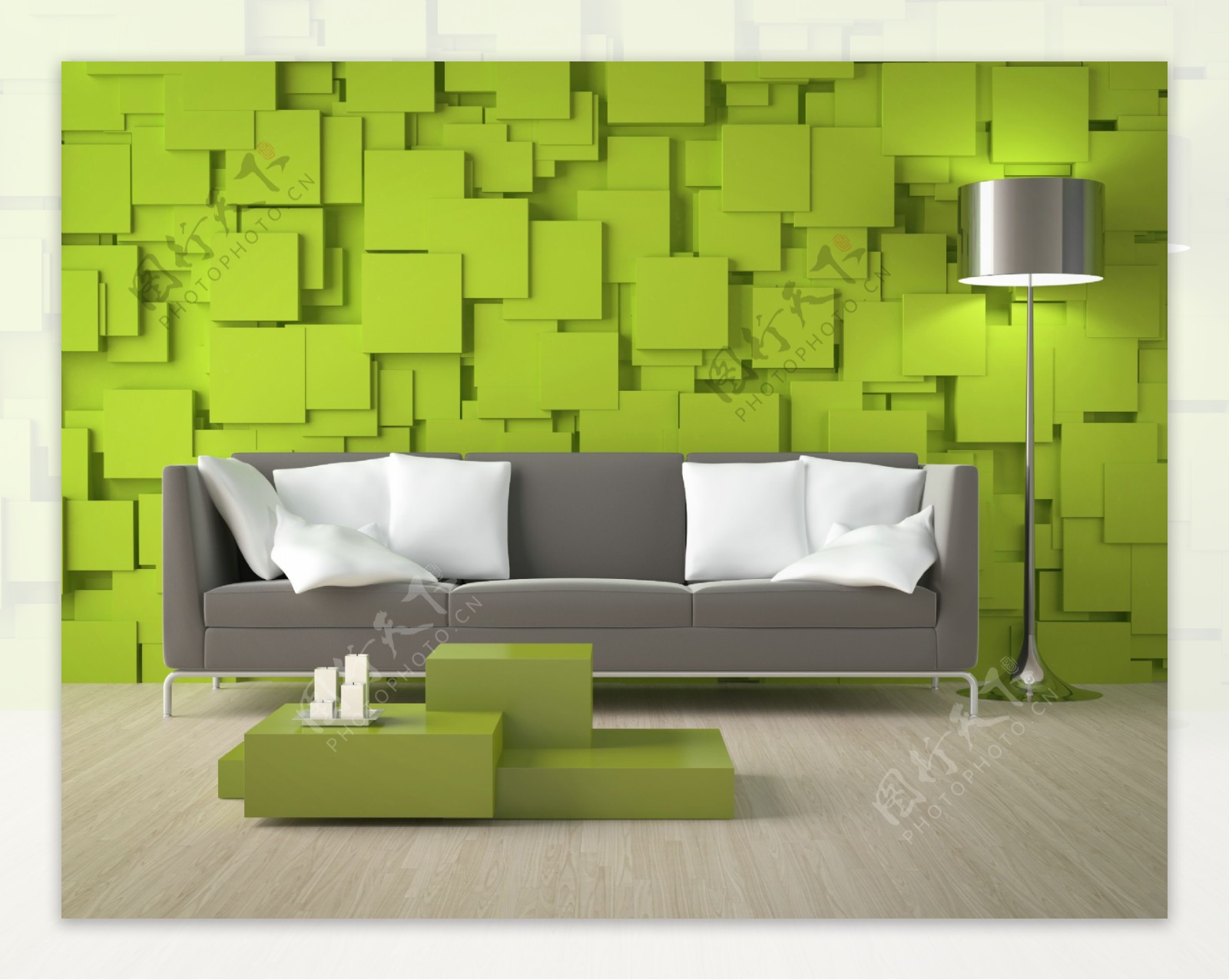 绿色方块墙客厅效果图图片