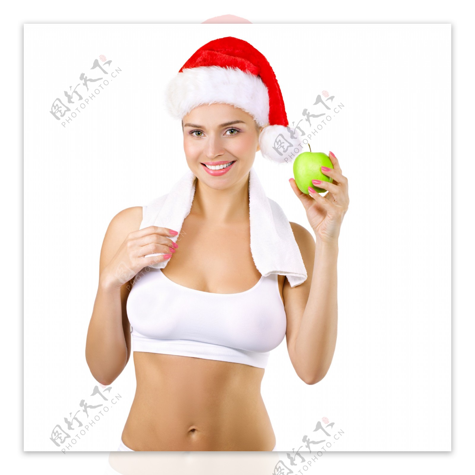 戴着圣诞帽的健身女性图片