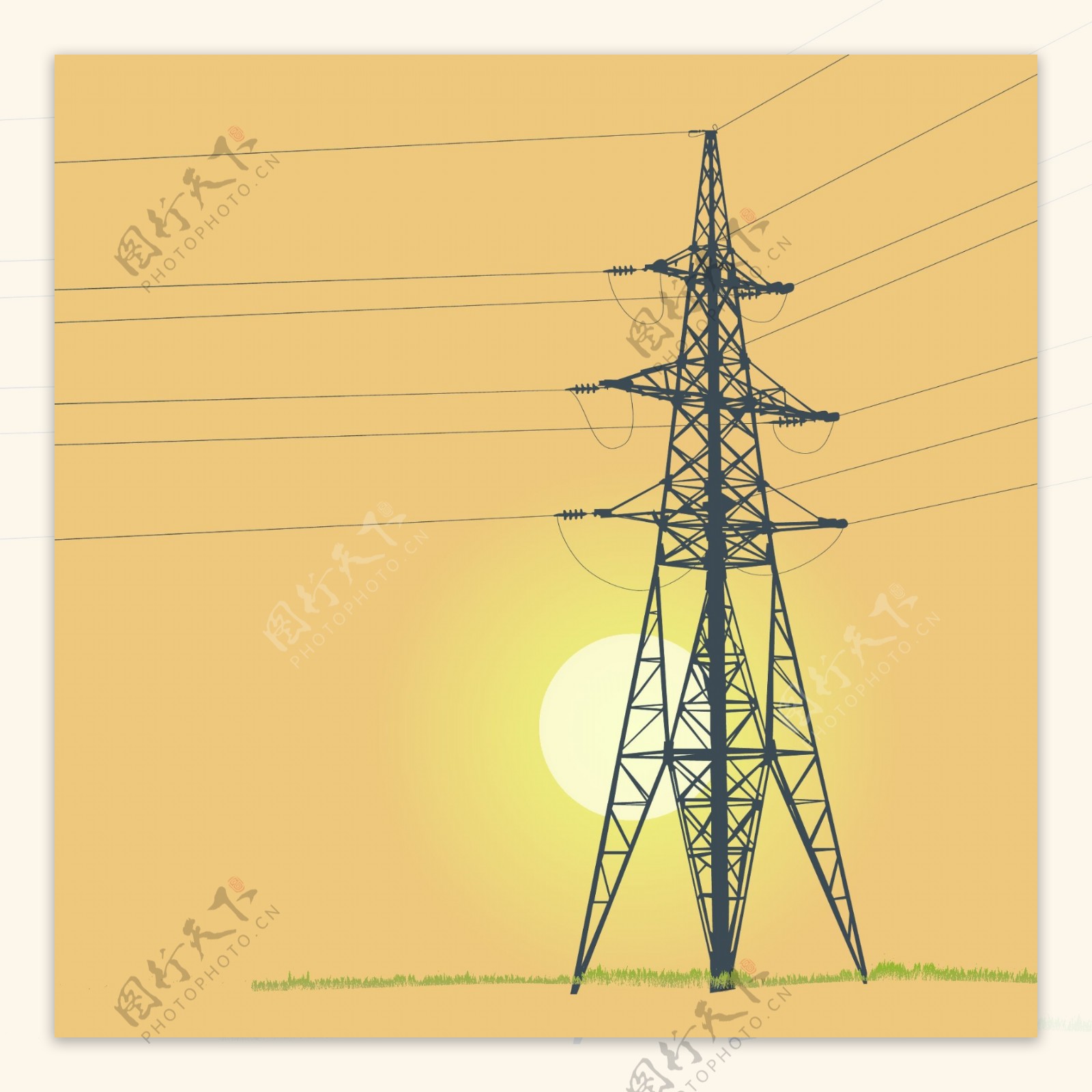 阳光下的电力输送塔