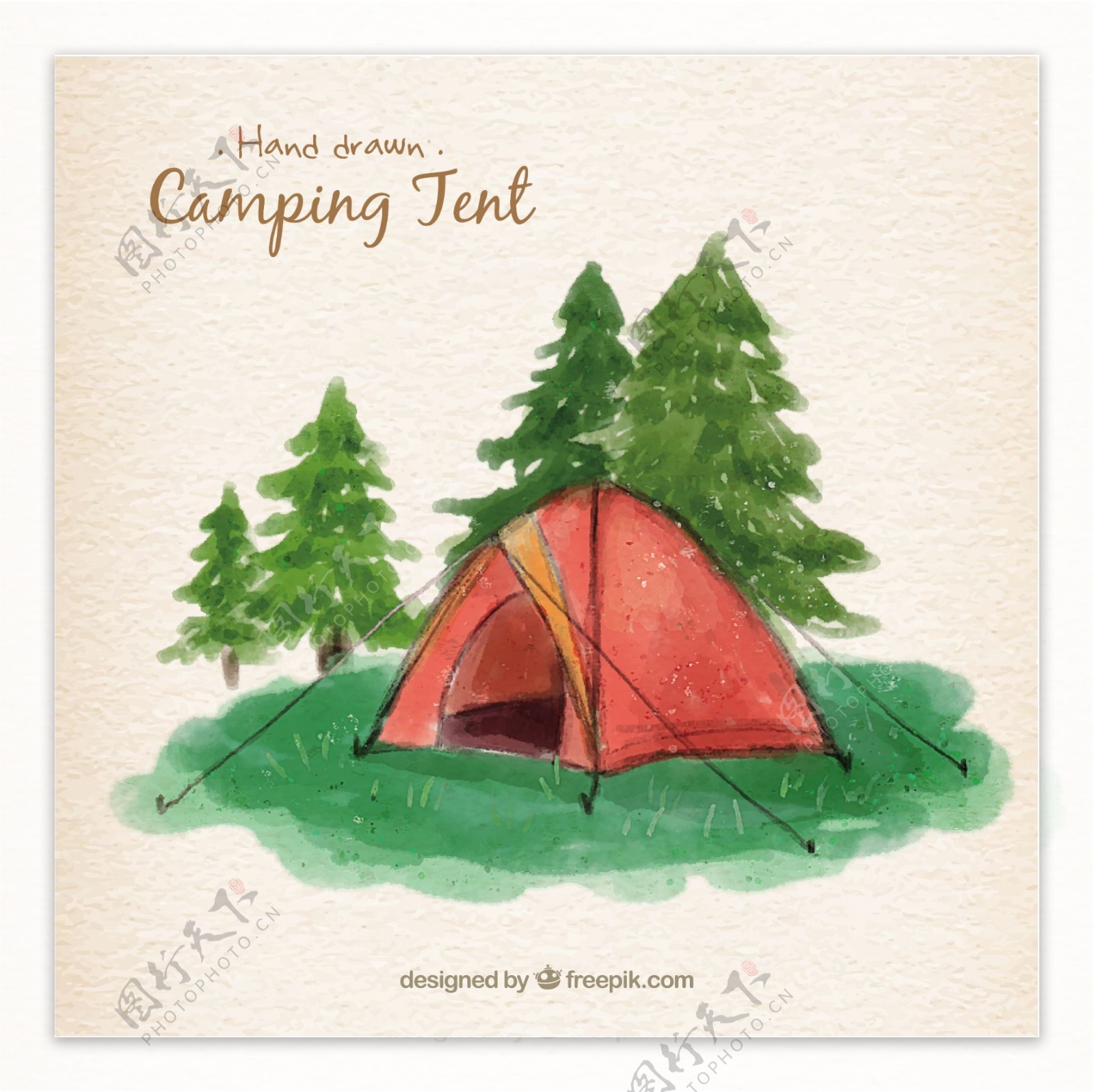 水彩画在风景中的红色野营帐篷
