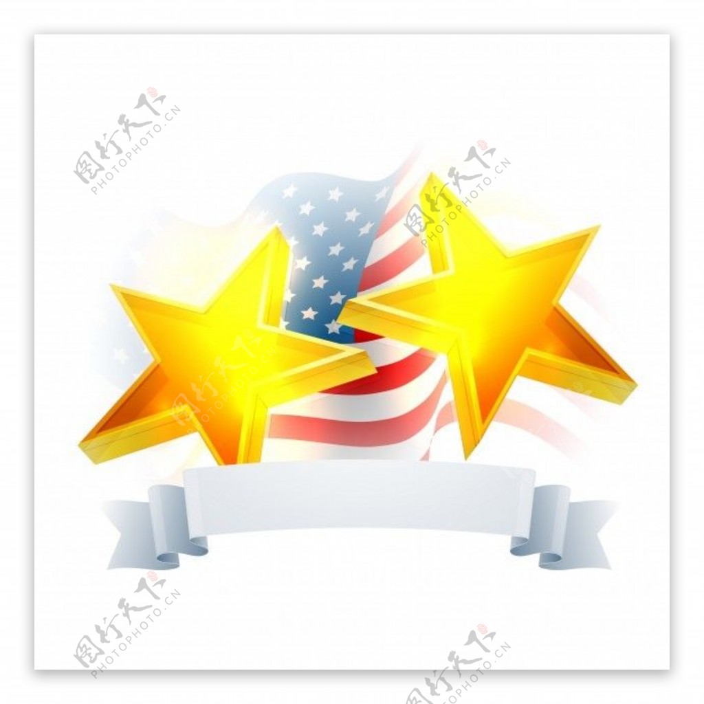 七月美国独立日庆祝活动第四个金色的星星在飘扬的美国地图上带着空白丝带