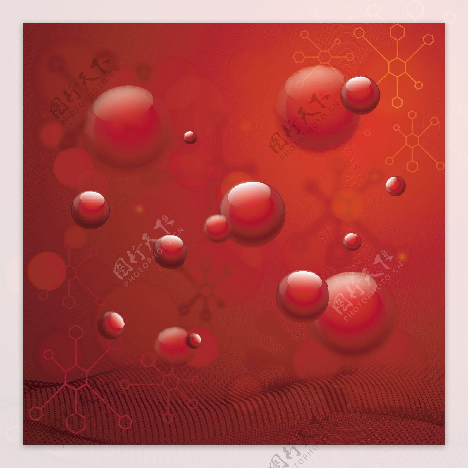 红色背景有光泽的气泡分子和DNA结构用于健康和医疗概念