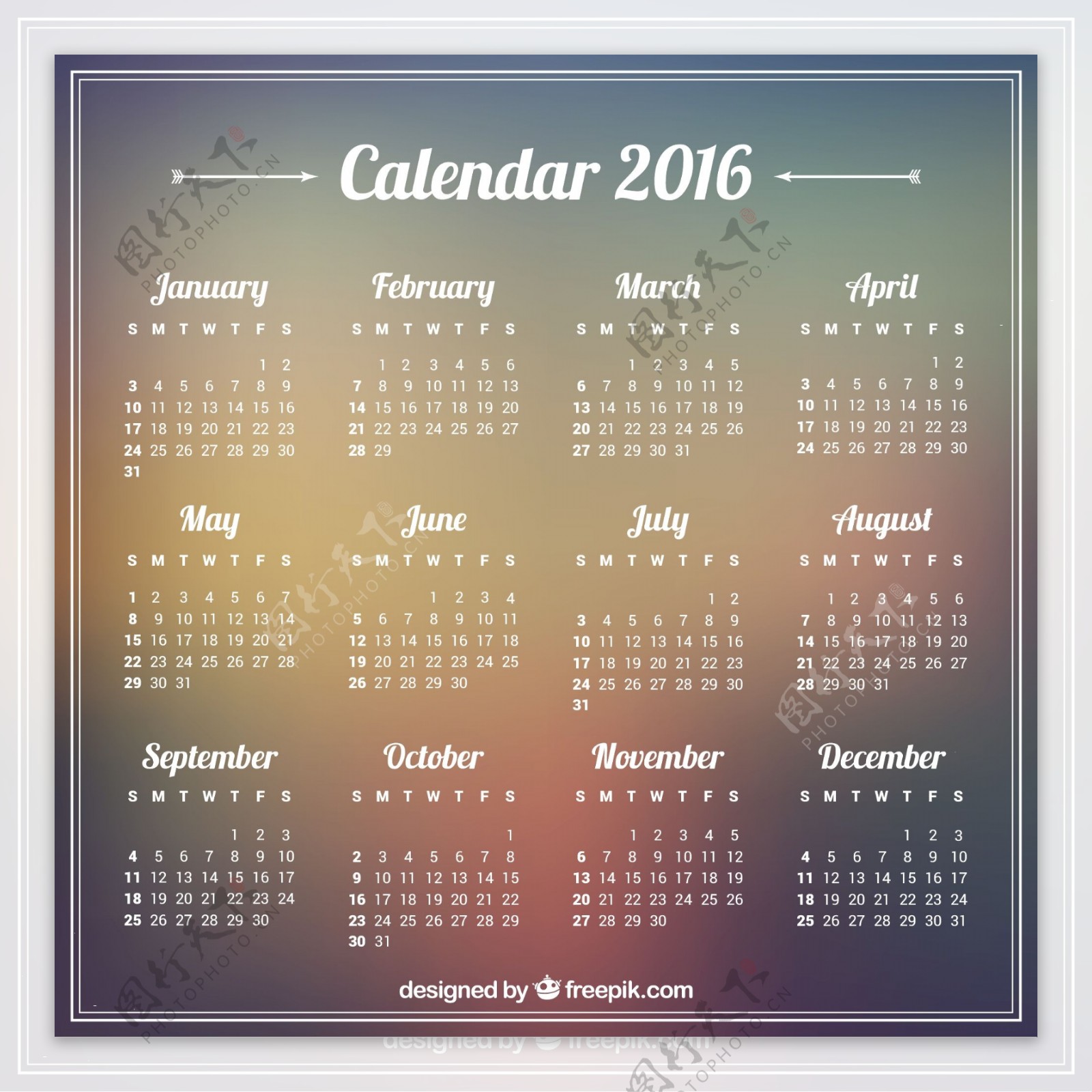 模糊背景下的2016日历