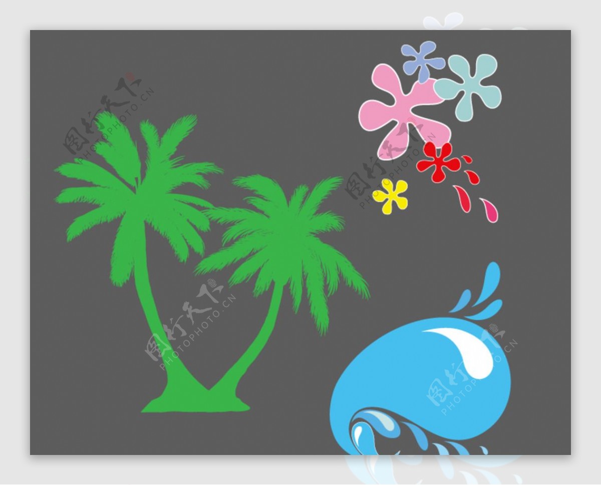 卡通浪花花朵椰子树