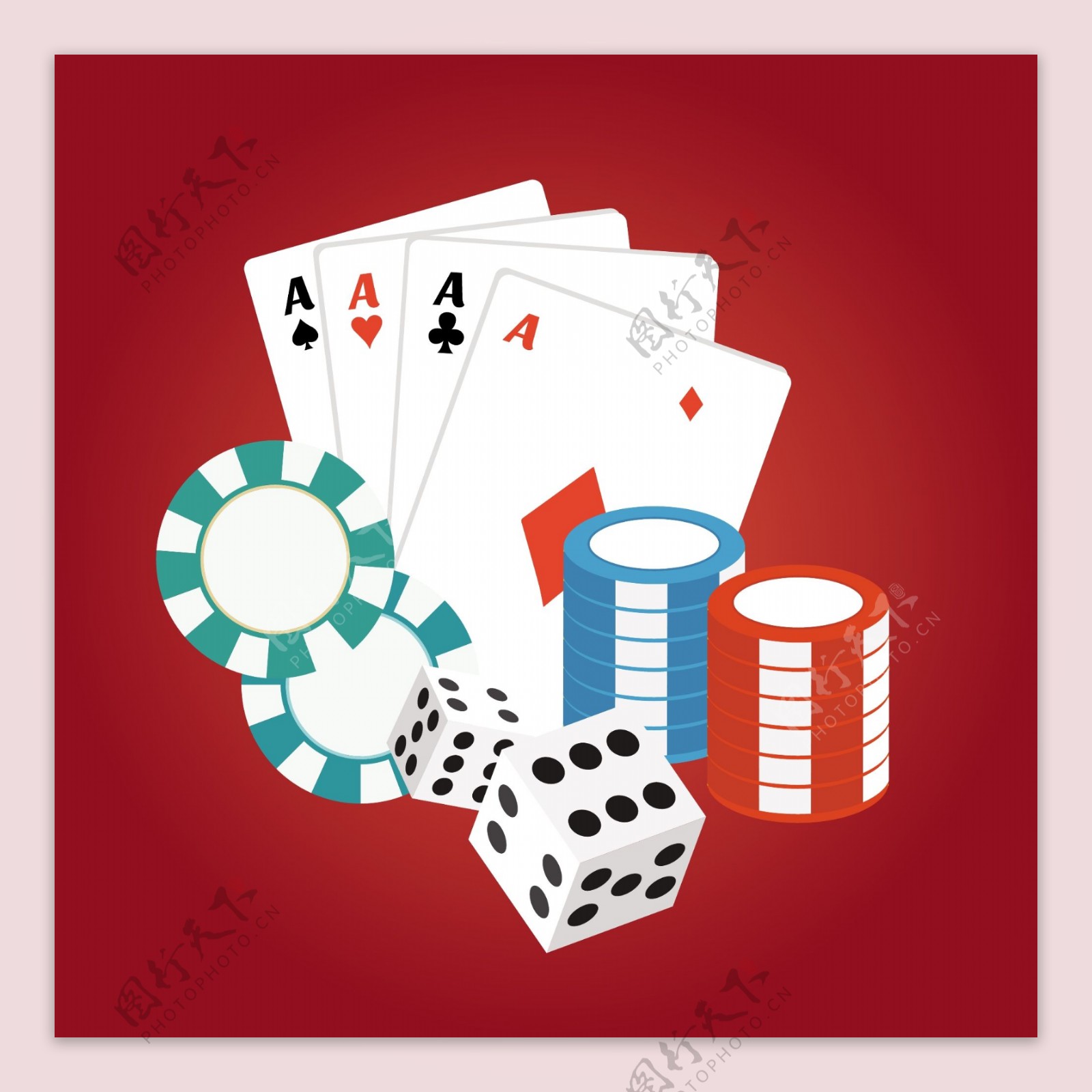 红色背景下的赌场卡和筹码