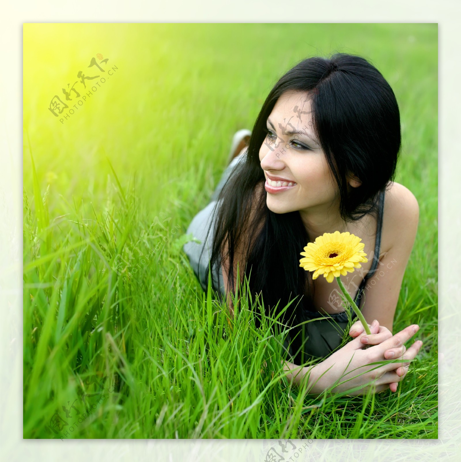 草地上的年轻美丽女人图片
