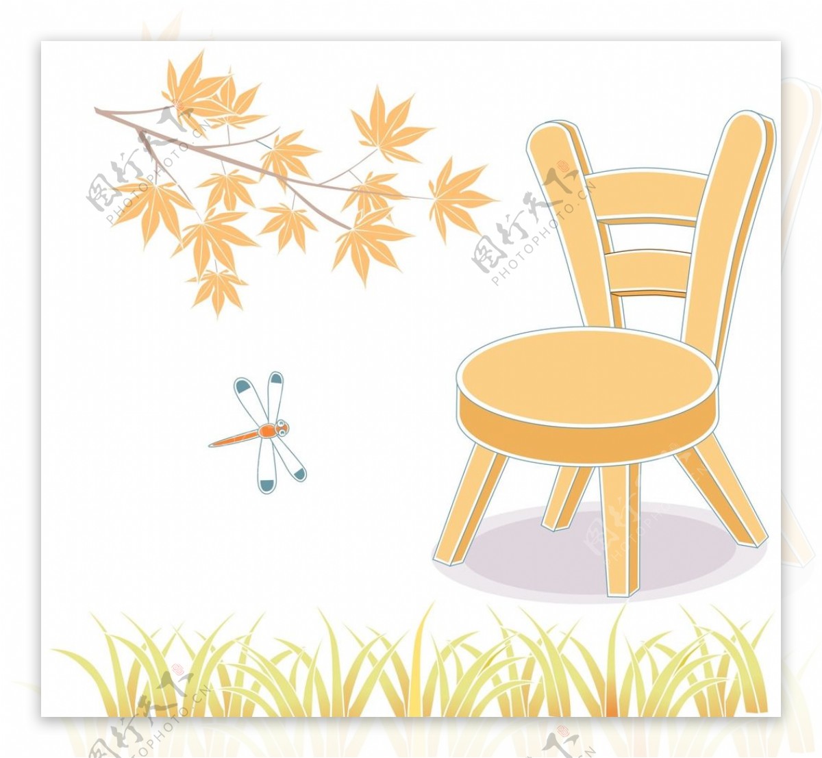 椅子枫叶蜻蜓小草