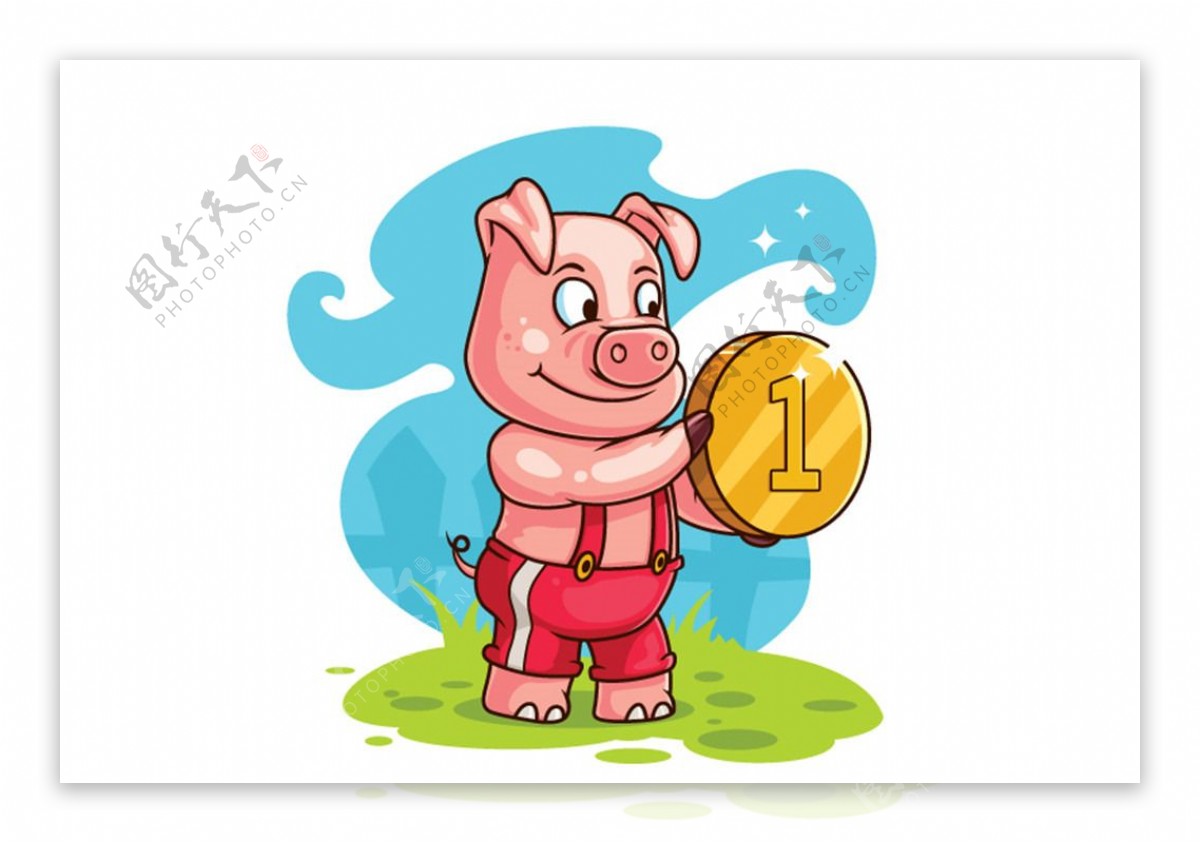 卡通拿金币的猪矢量素材