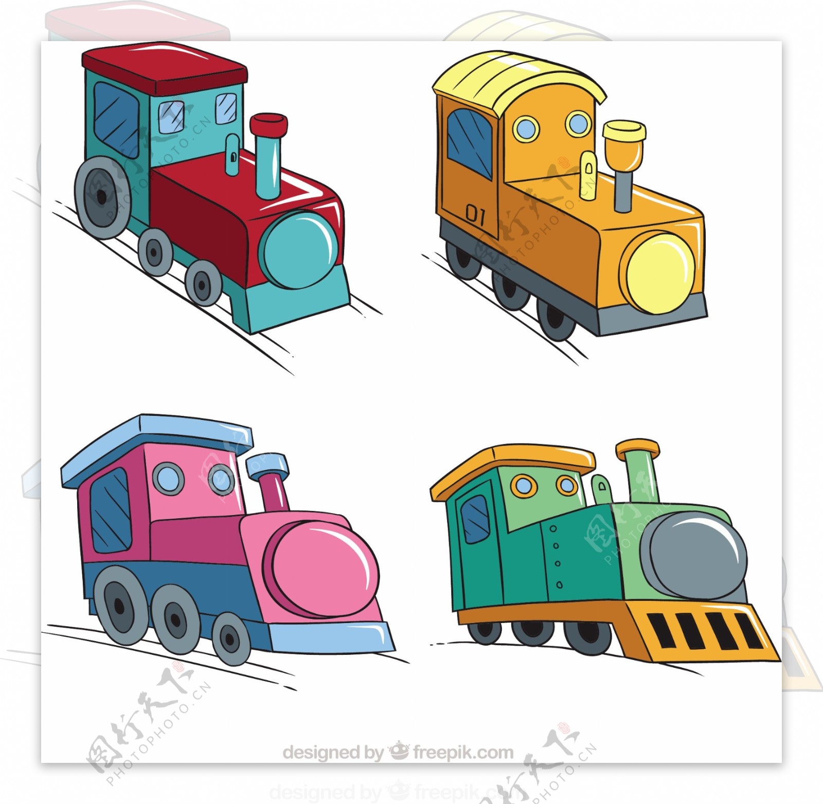 四种玩具火车机车插图