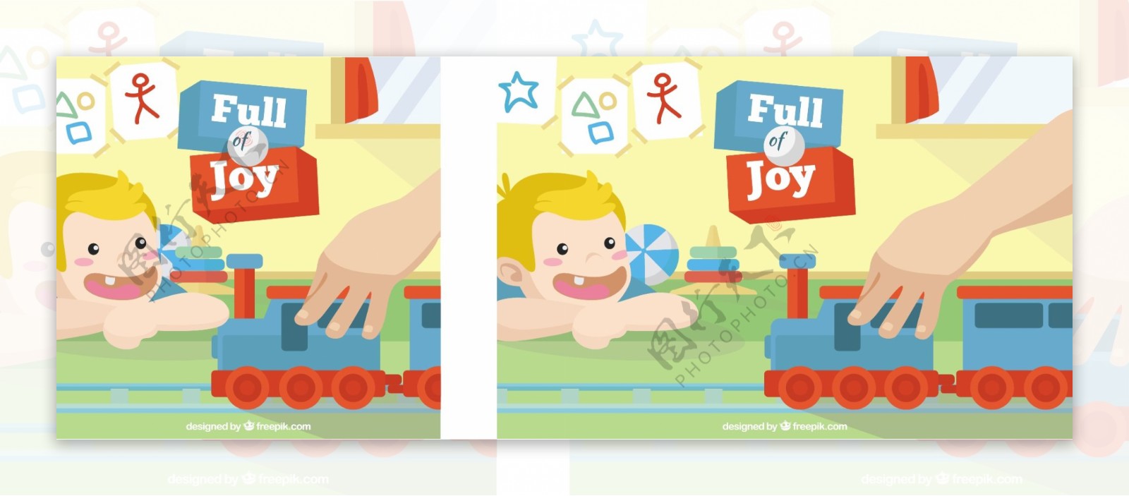 快乐的孩子看玩具火车插图背景