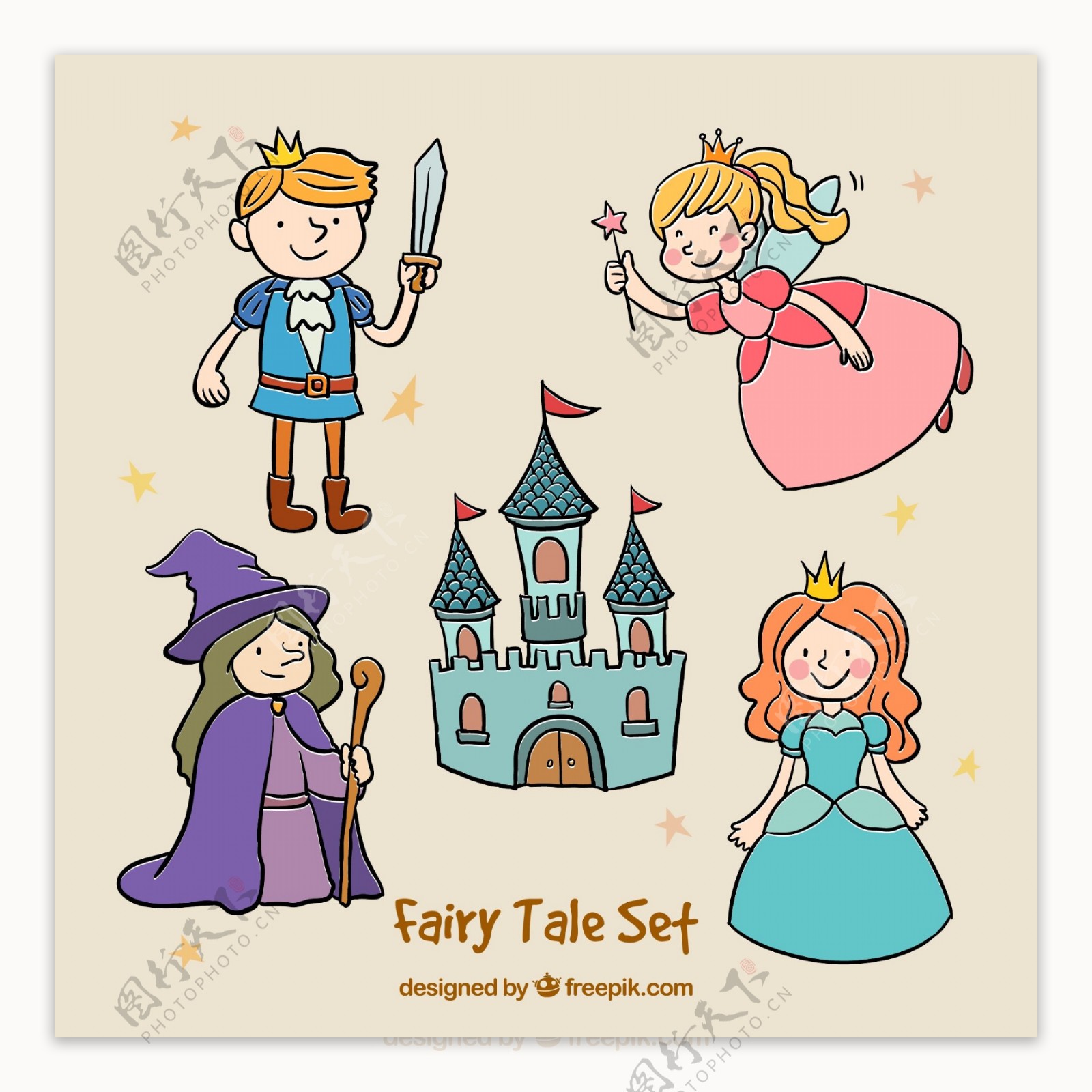 5款彩绘仙女王子城堡童话元素矢量素材