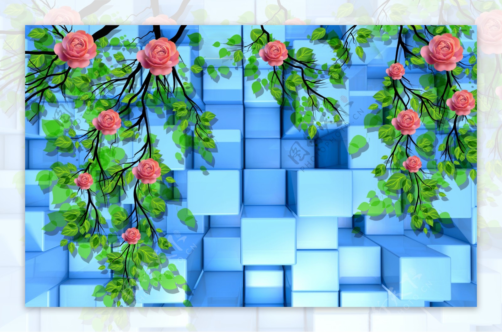 立体方块背景花卉素材