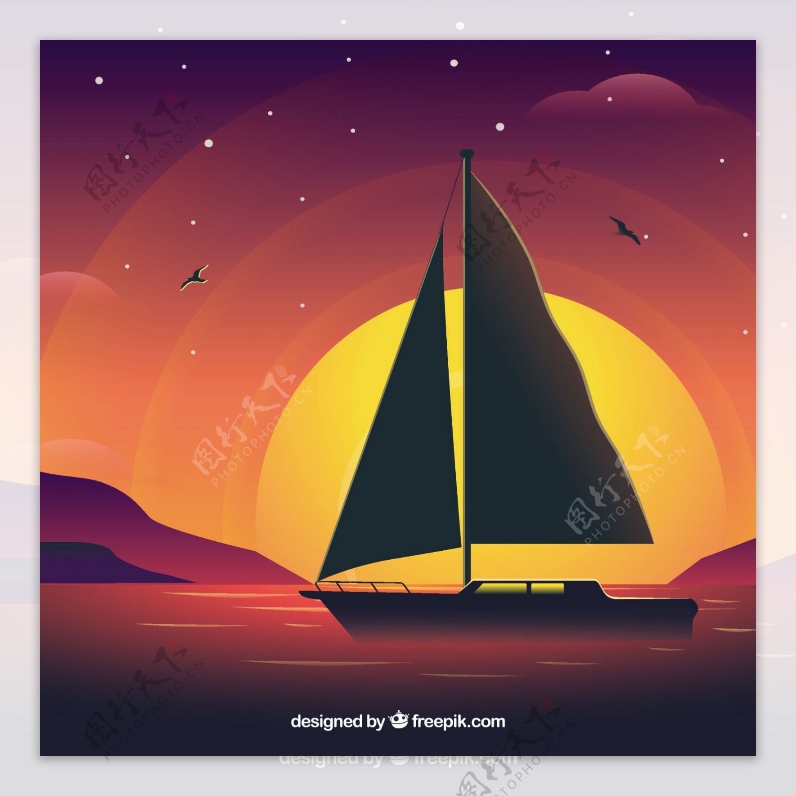 落日背景下的帆船
