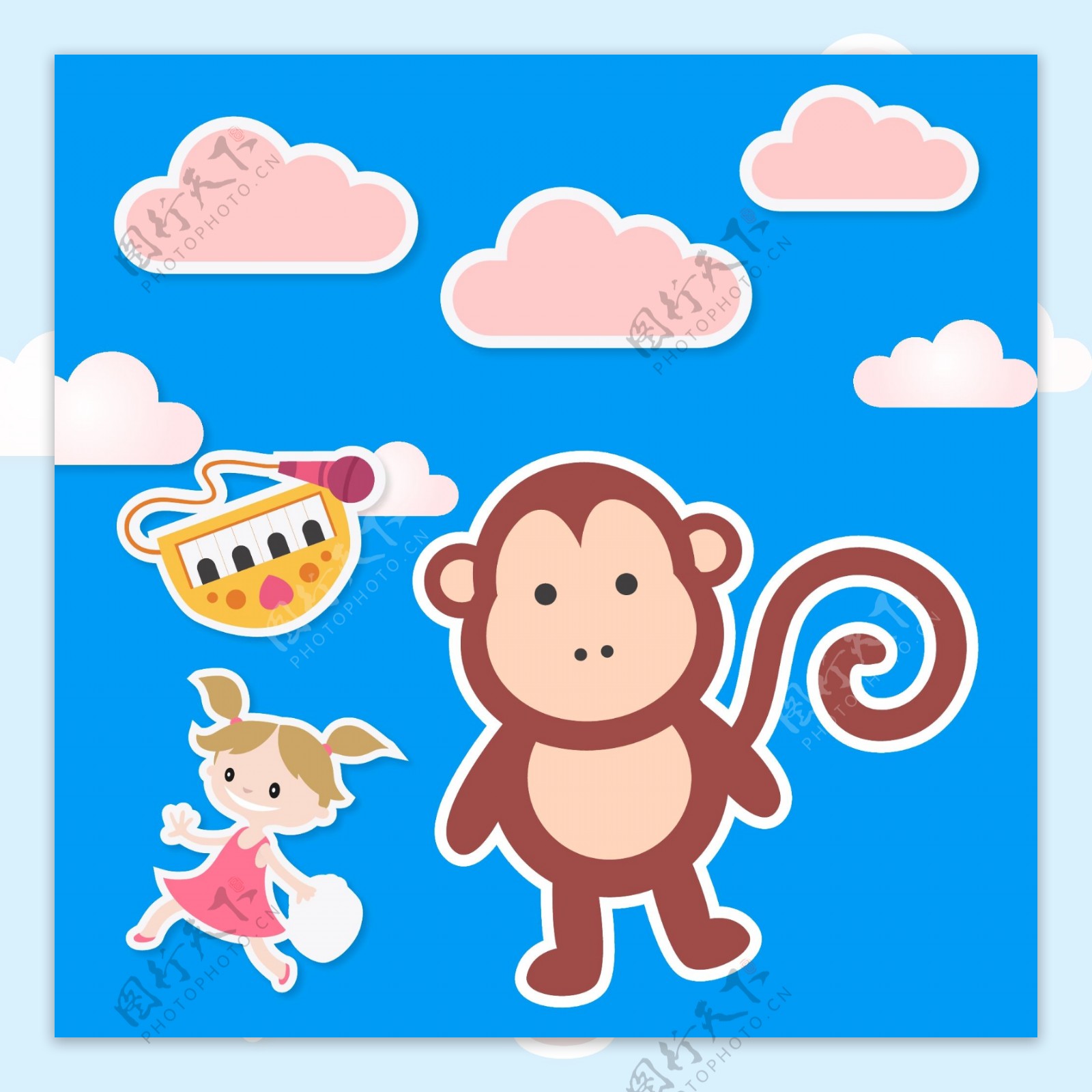童话故事猴子与小姑娘矢量元素